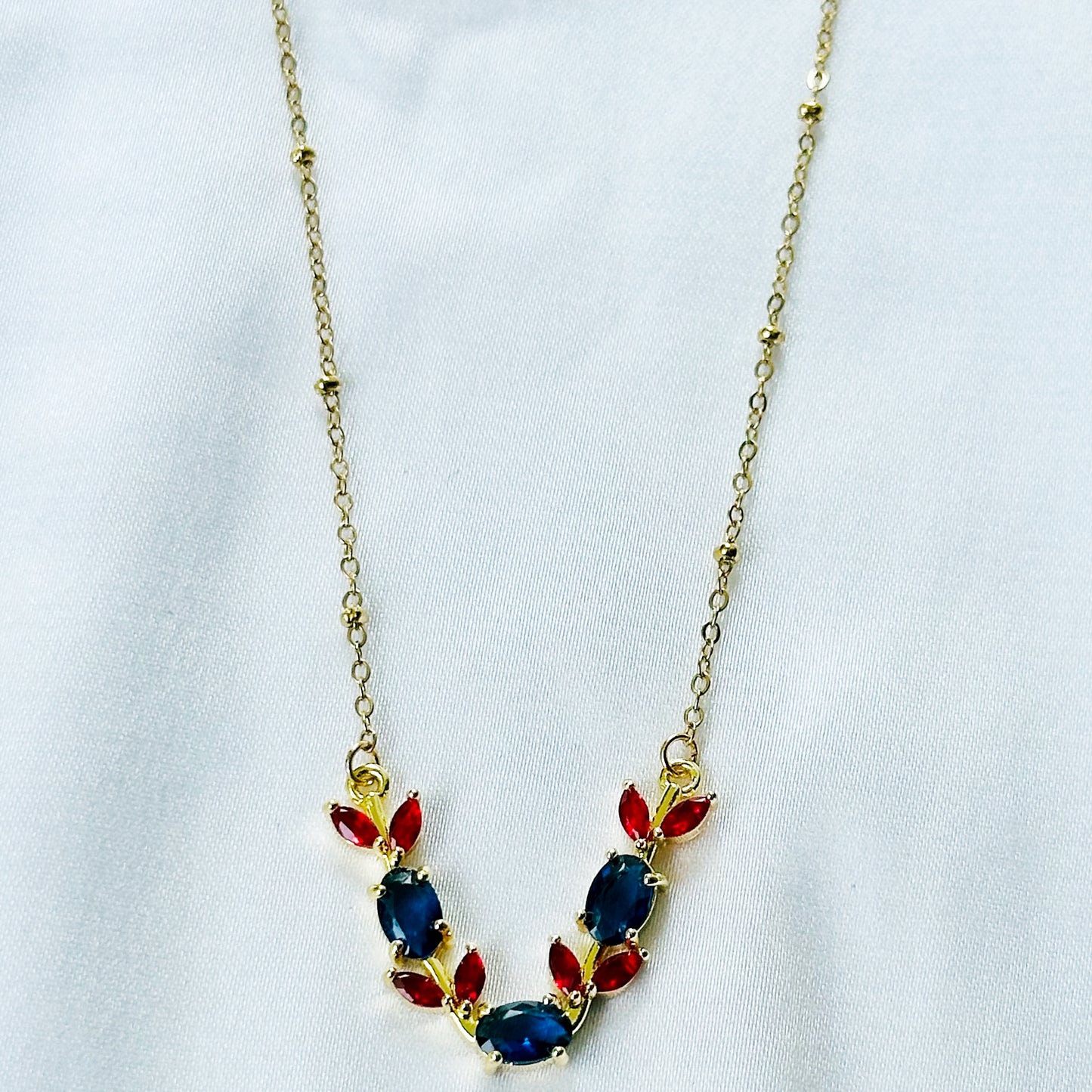 Blue Sapphire & Red Ruby Cubic Zirconia American Diamond Gold Plated Stainless Steel Necklace