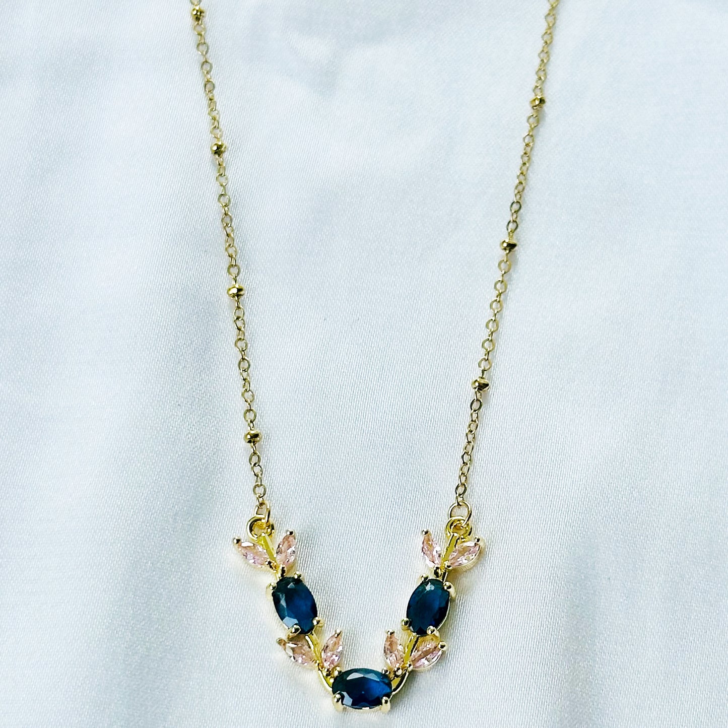 Blue Sapphire & Pink Topaz Cubic Zirconia Tulip Design American Diamond Gold Plated Stainless Steel Necklace
