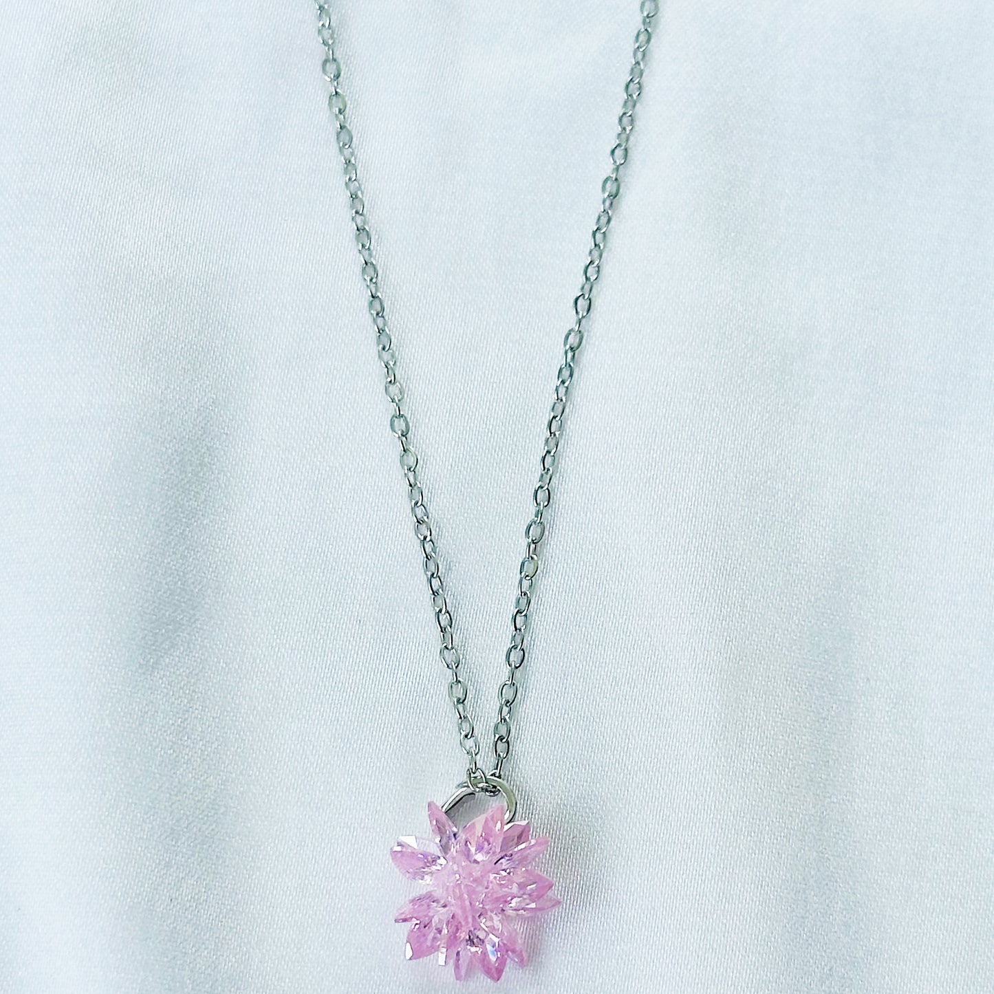 Pink Crystal Flower Design Silver Plated Stainless Steel Necklace