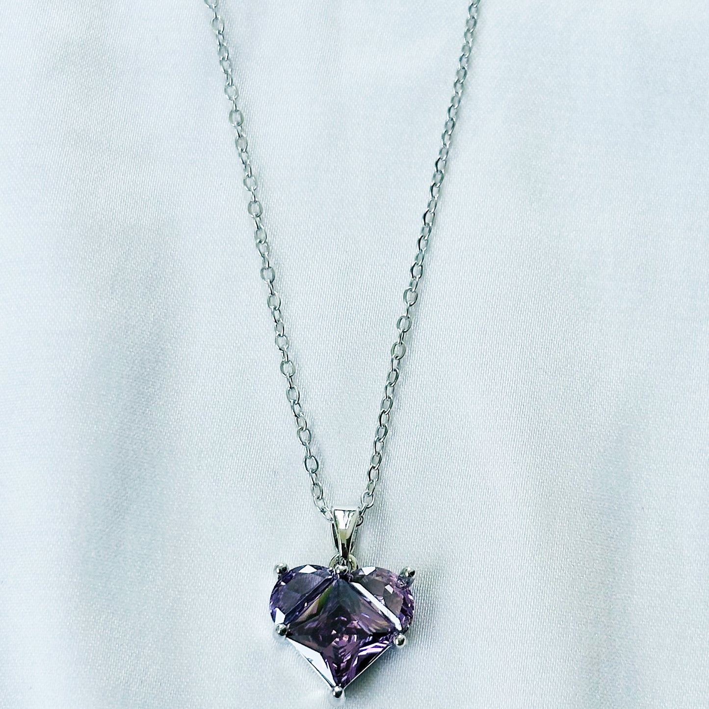Purple Amethyst Cubic Zirconia American Diamond Silver Plated Stainless Steel Necklace