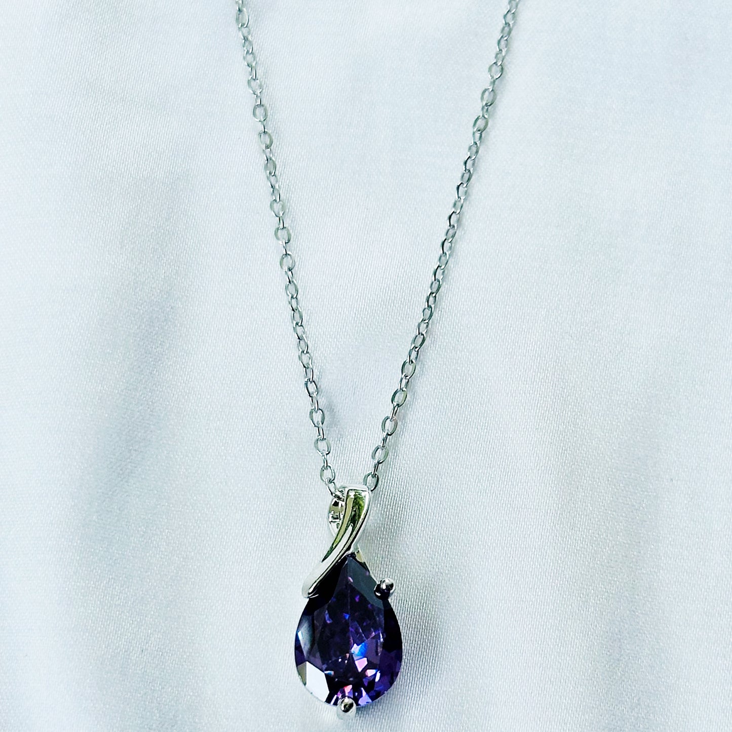 Purple Amethyst Cubic Zirconia American Diamond Silver Plated Stainless Steel Necklace