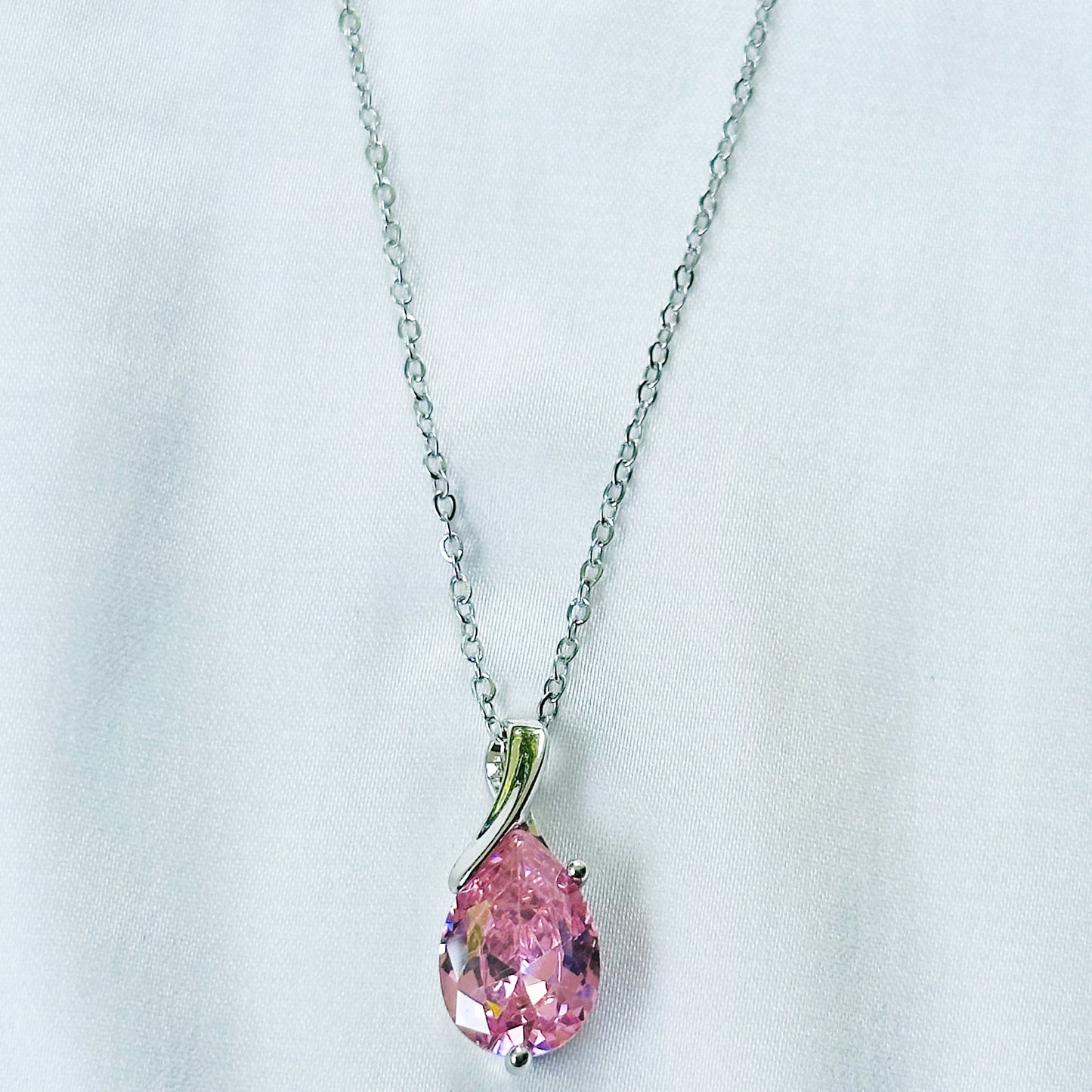 Pink Topaz Cubic Zirconia American Diamond Silver Plated Stainless Steel Necklace