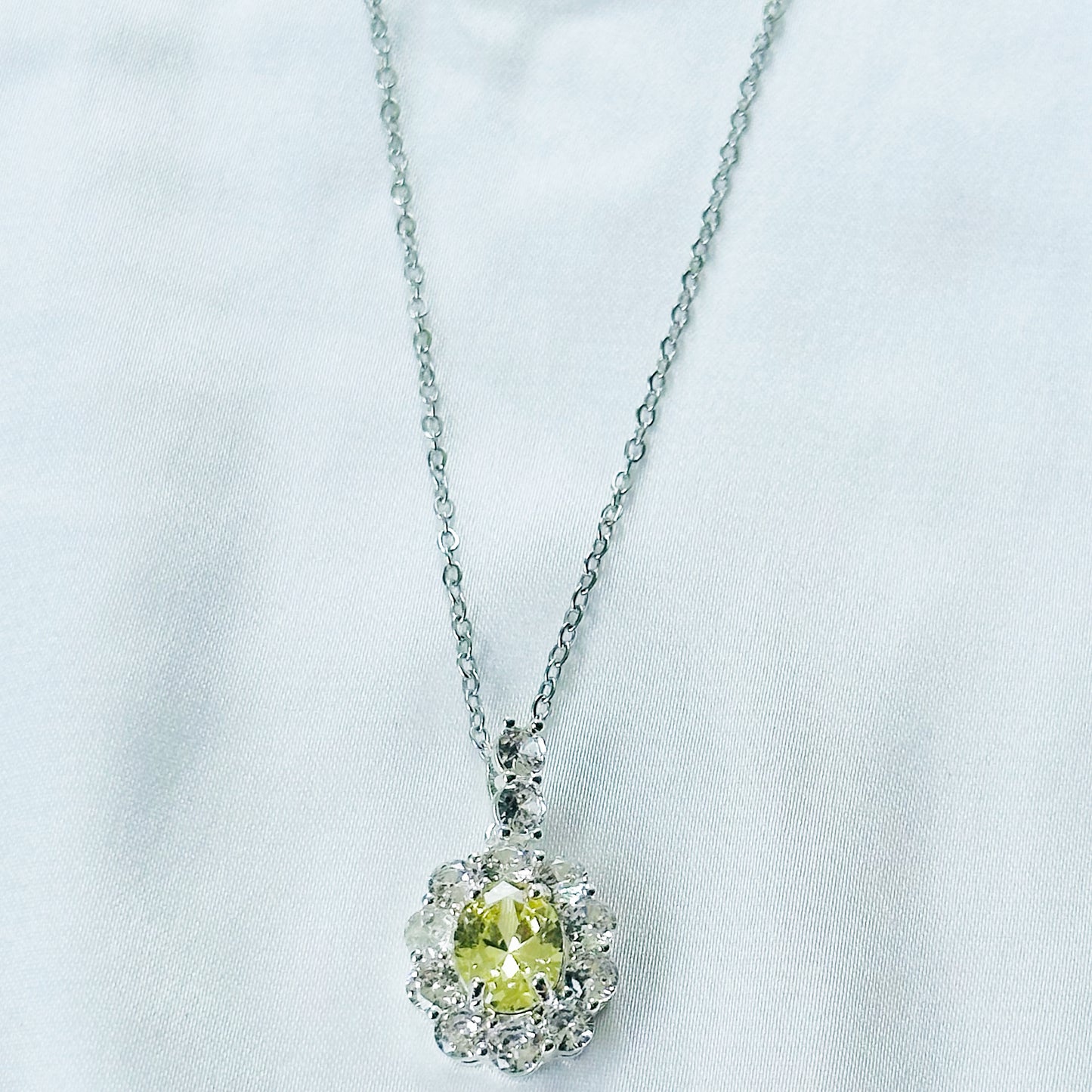 Olive Green Cubic Zirconia American Diamond Silver Plated Stainless Steel Necklace