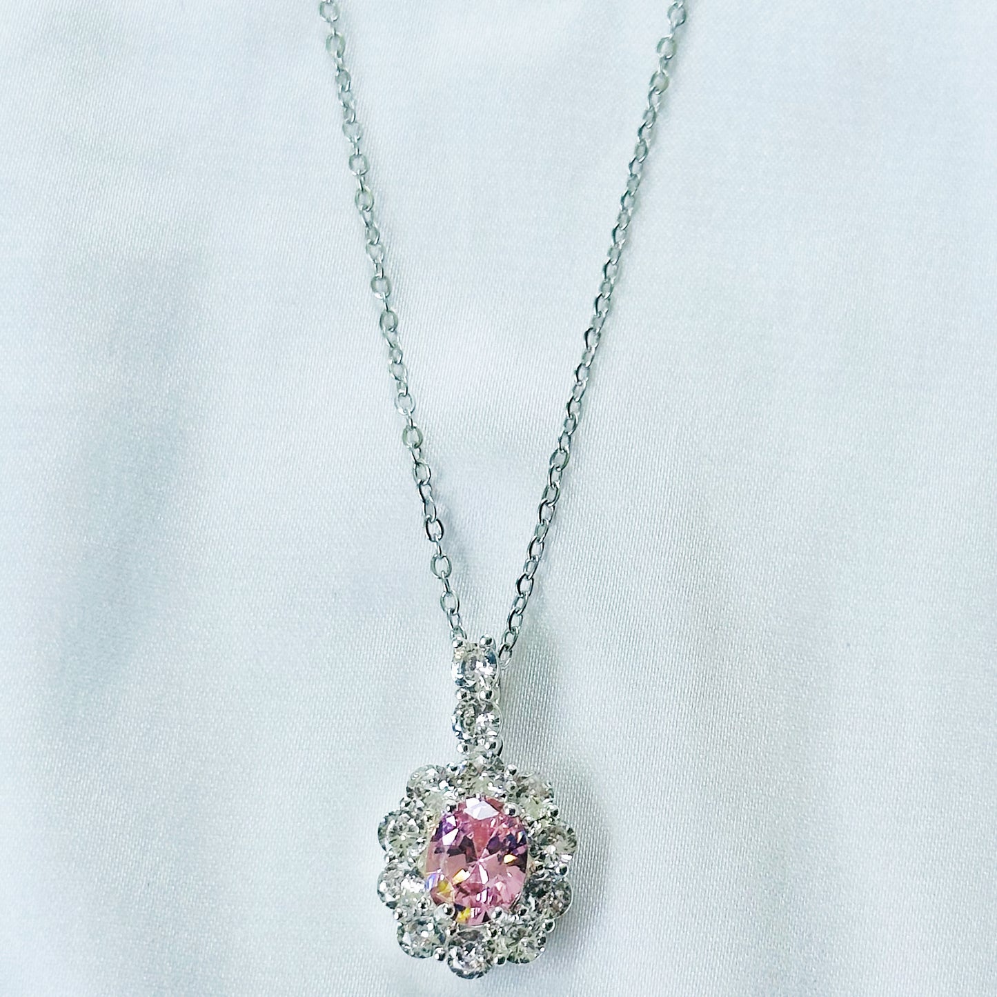 Pink Topaz Cubic Zirconia American Diamond Silver Plated Stainless Steel Necklace
