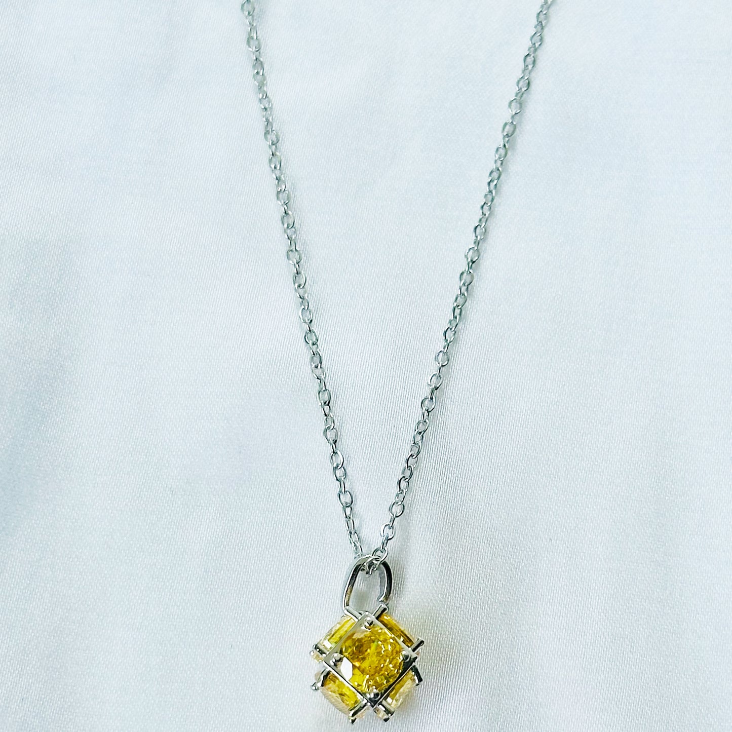 Yellow Topaz Cubic Zirconia American Diamond Silver Plated Stainless Steel Necklace