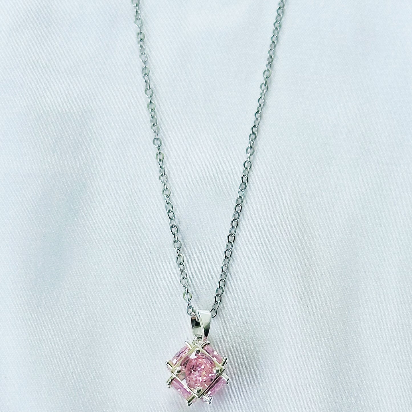 Pink Topaz Cubic Zirconia American Diamond Silver Plated Stainless Steel Necklace