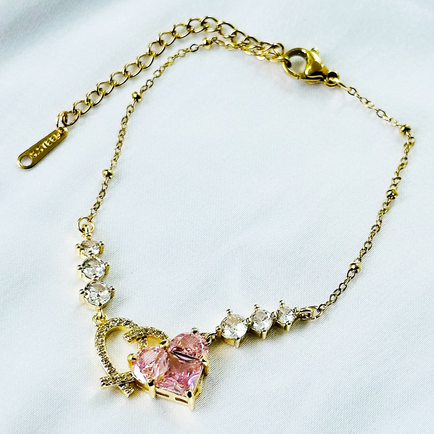 Pink Topaz Cubic Zirconia Heart Design American Diamond Gold Plated Stainless Steel Bracelet