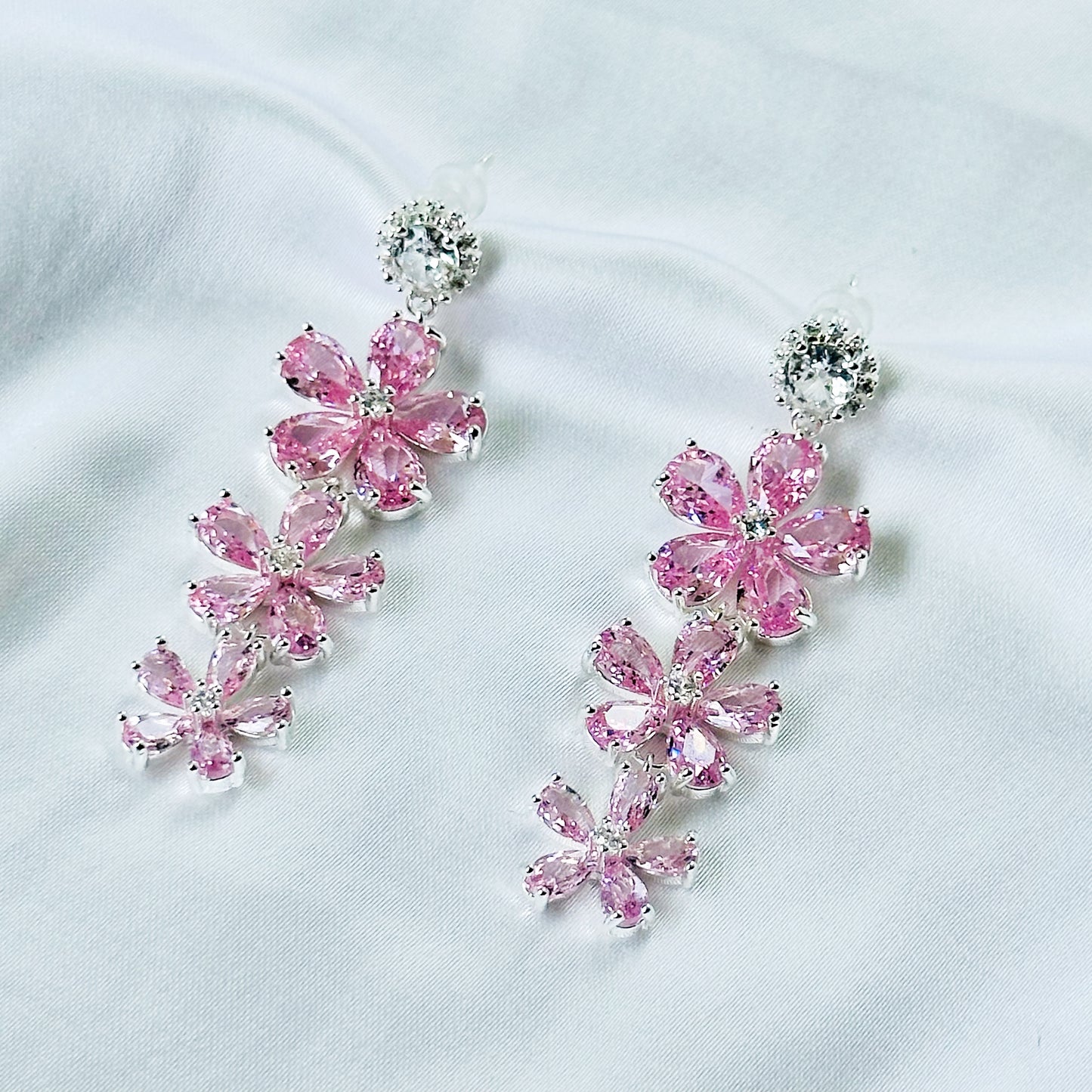 Pink Topaz Cubic Zirconia Ice Cut American Diamond Silver Plated Earrings