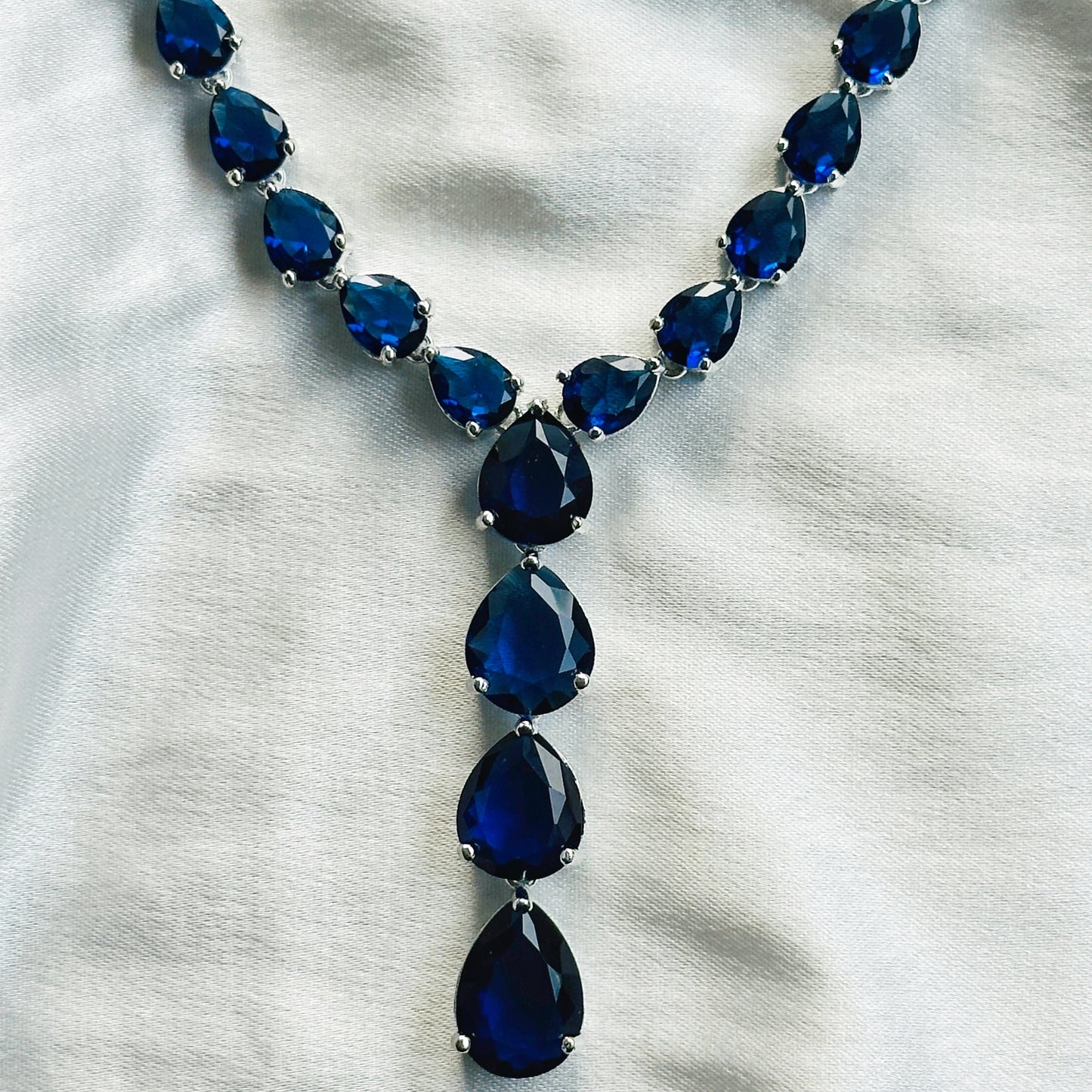 Blue Sapphire Cubic Zirconia American Diamond Silver Plated Necklace Set
