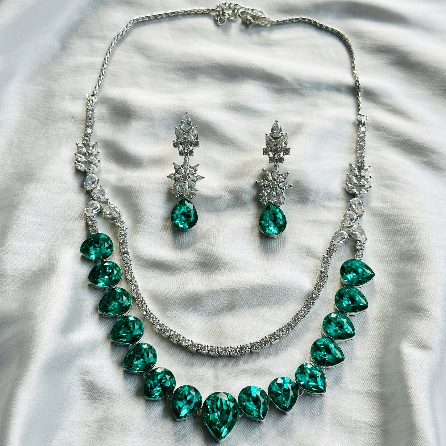 Light Emerald Swarovski Crystals American Diamond Silver Plated Necklace Set