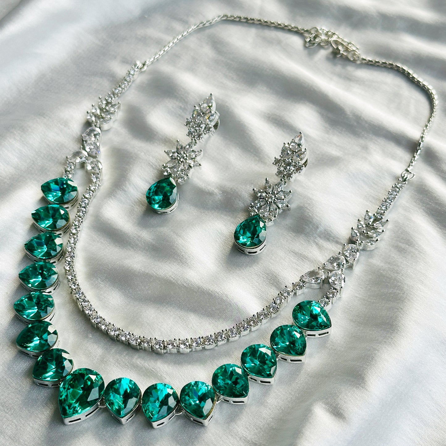 Light Emerald Swarovski Crystals American Diamond Silver Plated Necklace Set