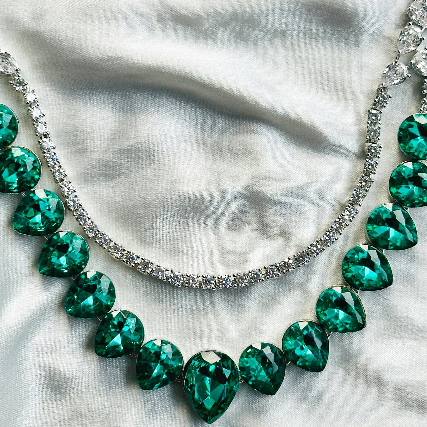 Light Green Emerald Swarovski Crystals American Diamond Silver Plated Necklace Set