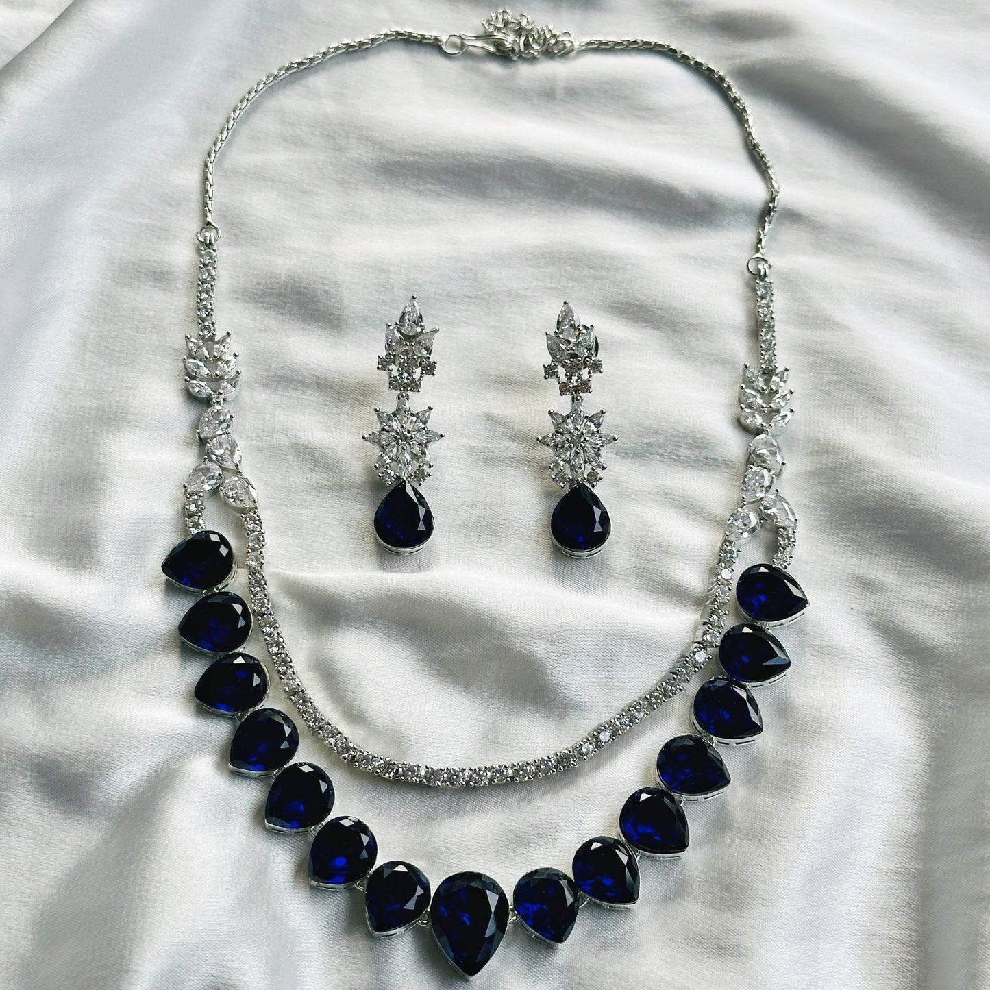 Blue Sapphire Swarovski Crystals American Diamond Silver Plated Necklace Set