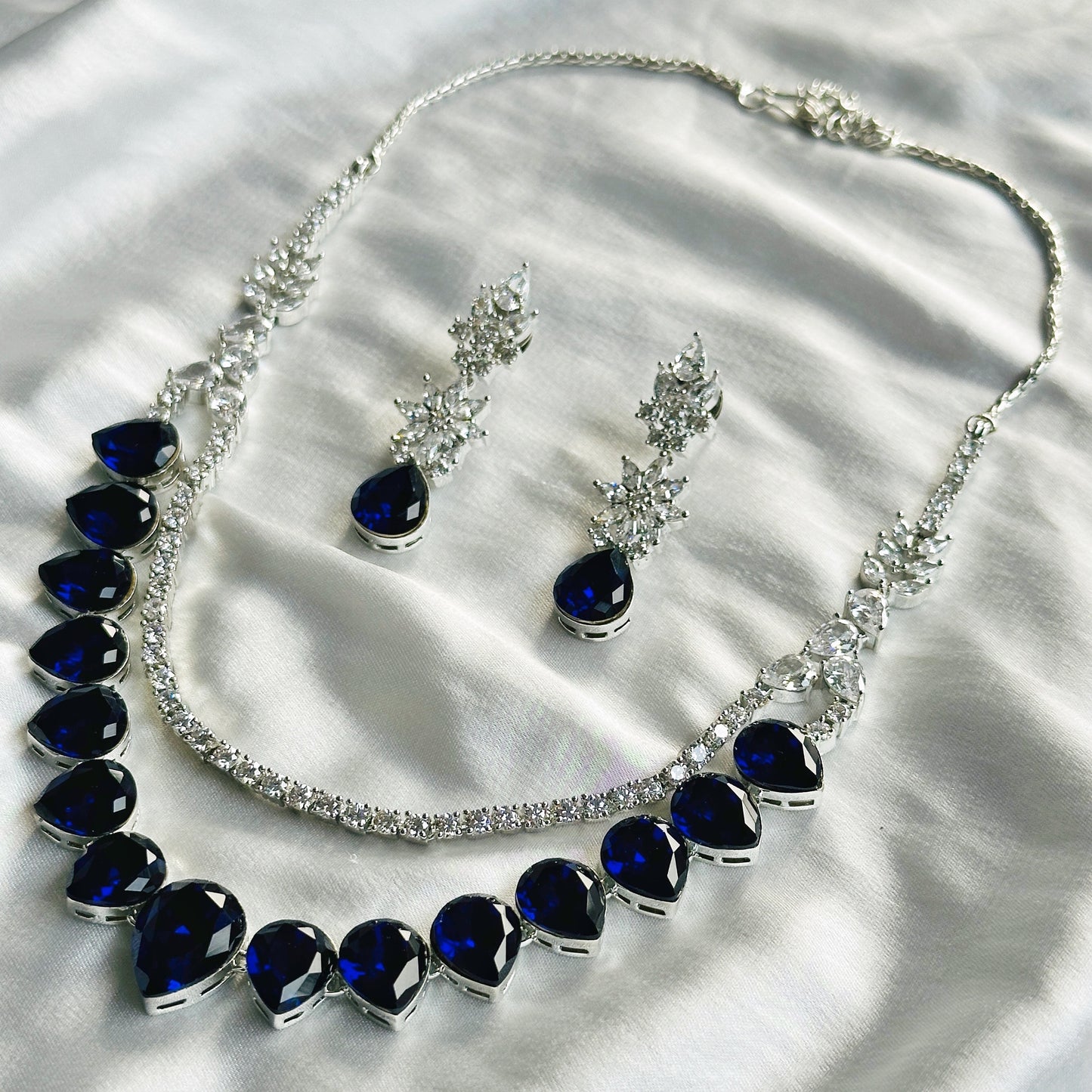 Blue Sapphire Swarovski Crystals American Diamond Silver Plated Necklace Set