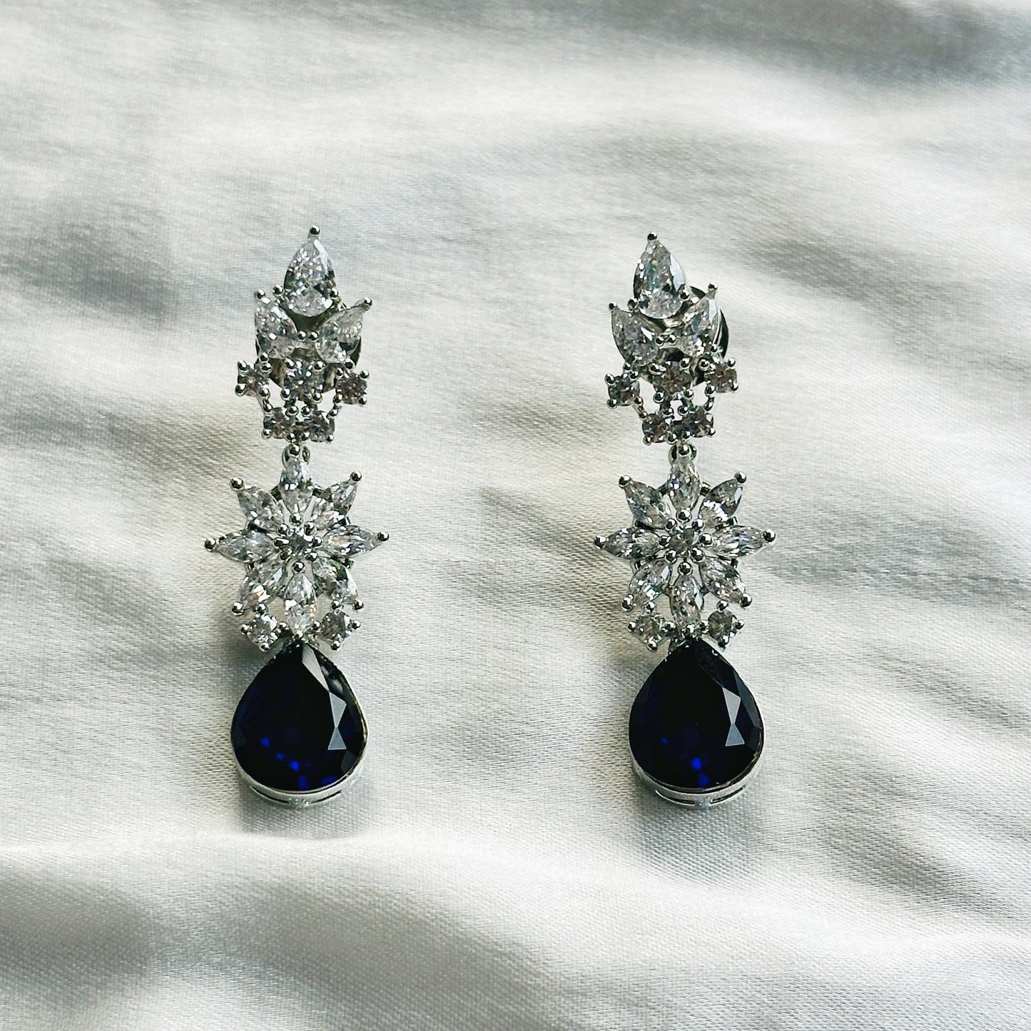 Blue Sapphire Swarovski Crystals American Diamond Silver Plated Necklace Set