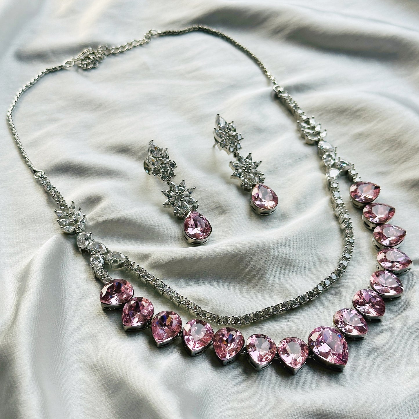Light Rose Swarovski Crystals American Diamond Silver Plated Necklace Set