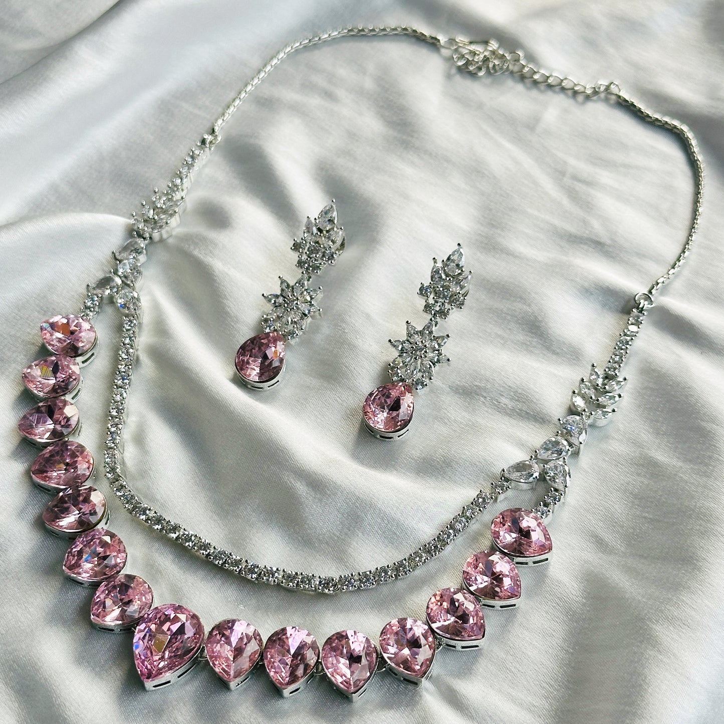 Light Rose Swarovski Crystals American Diamond Silver Plated Necklace Set
