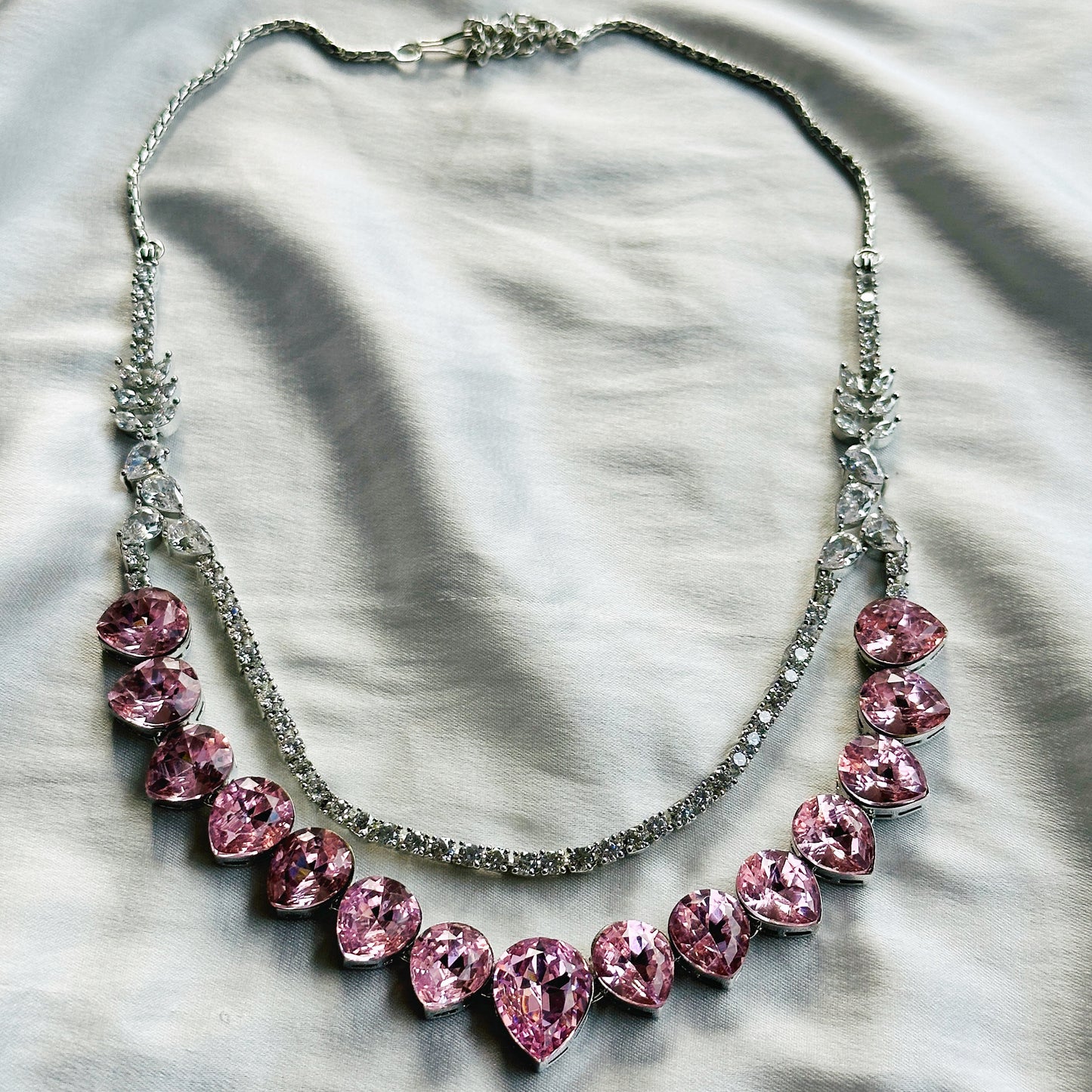 Light Rose Swarovski Crystals American Diamond Silver Plated Necklace Set