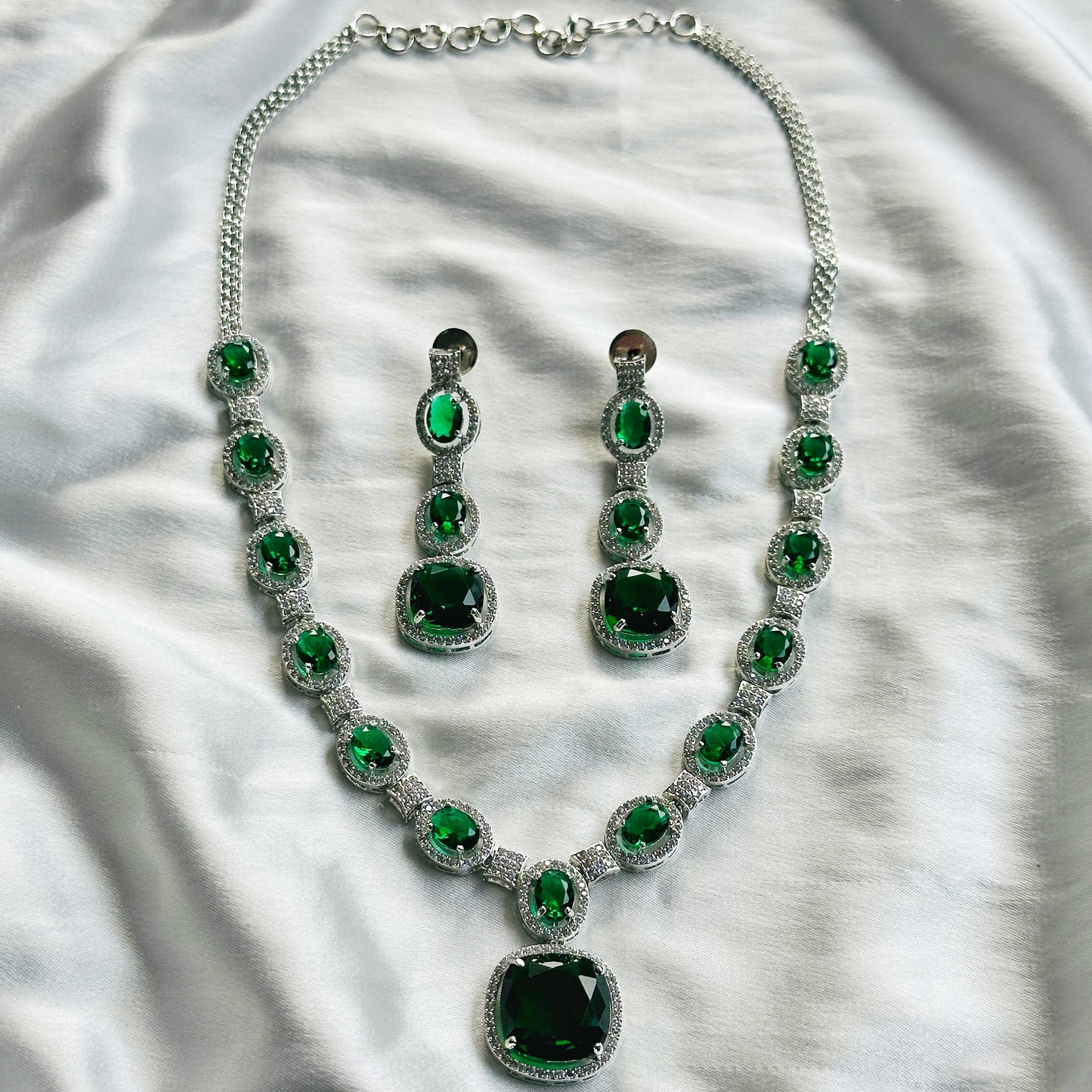 Green Emerald Cubic Zircon Stone American Diamond Silver Plated Necklace Set