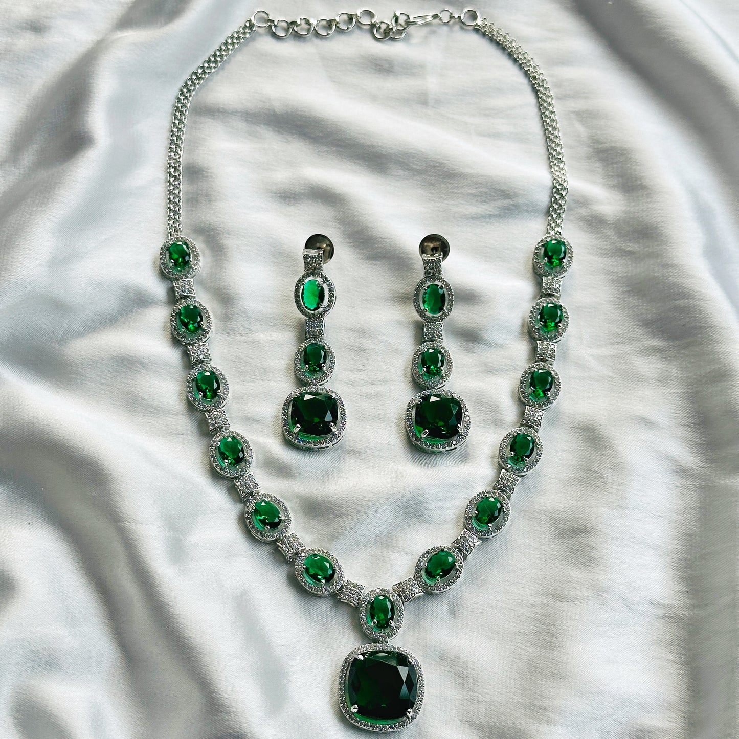 Green Emerald Cubic Zircon Stone American Diamond Silver Plated Necklace Set