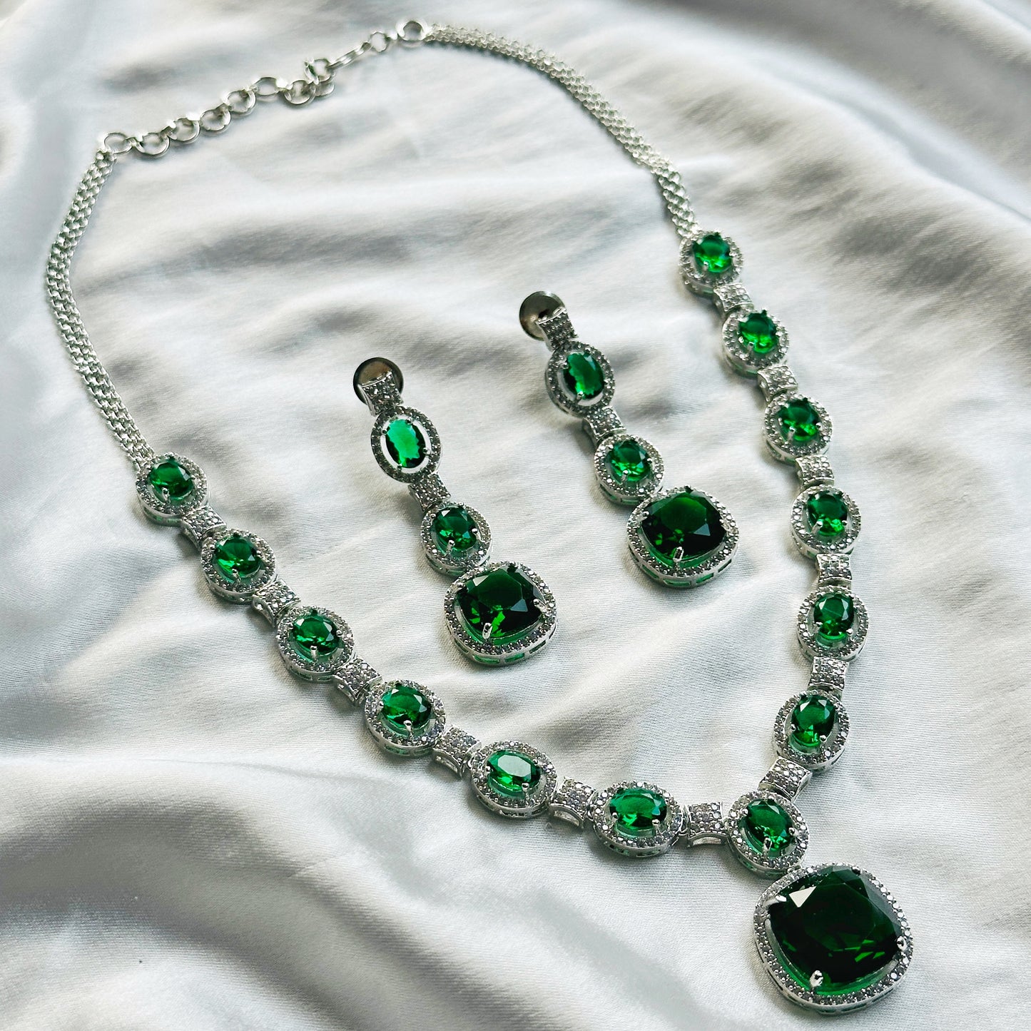 Green Emerald Cubic Zircon Stone American Diamond Silver Plated Necklace Set
