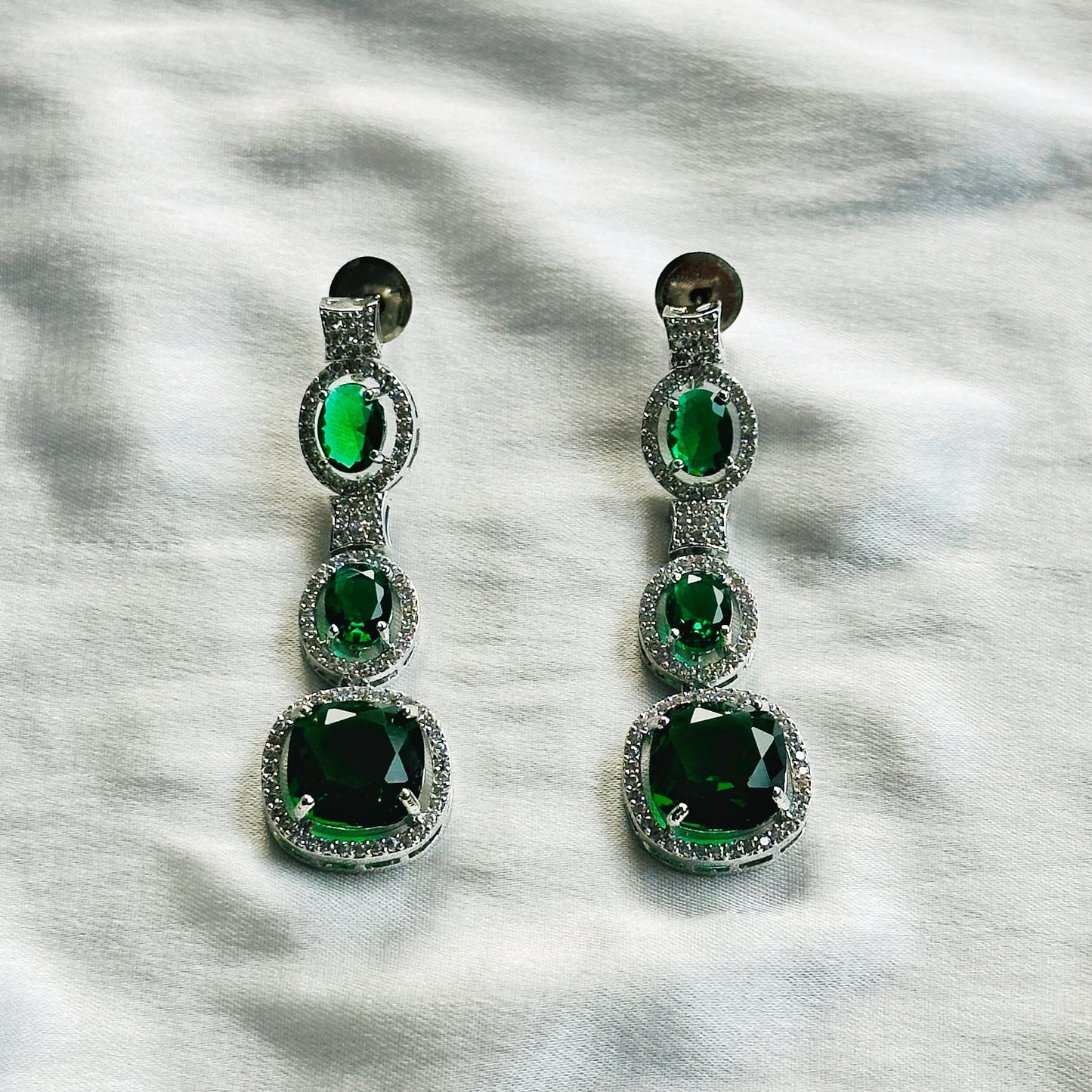 Green Emerald Cubic Zircon Stone American Diamond Silver Plated Necklace Set