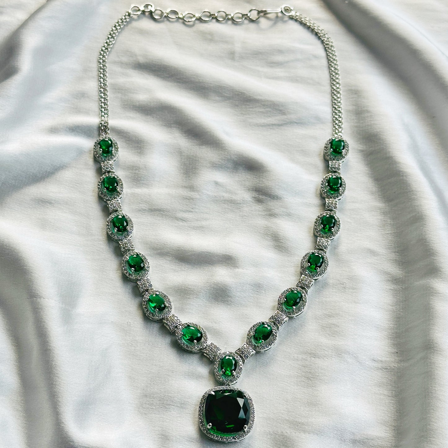 Green Emerald Cubic Zircon Stone American Diamond Silver Plated Necklace Set