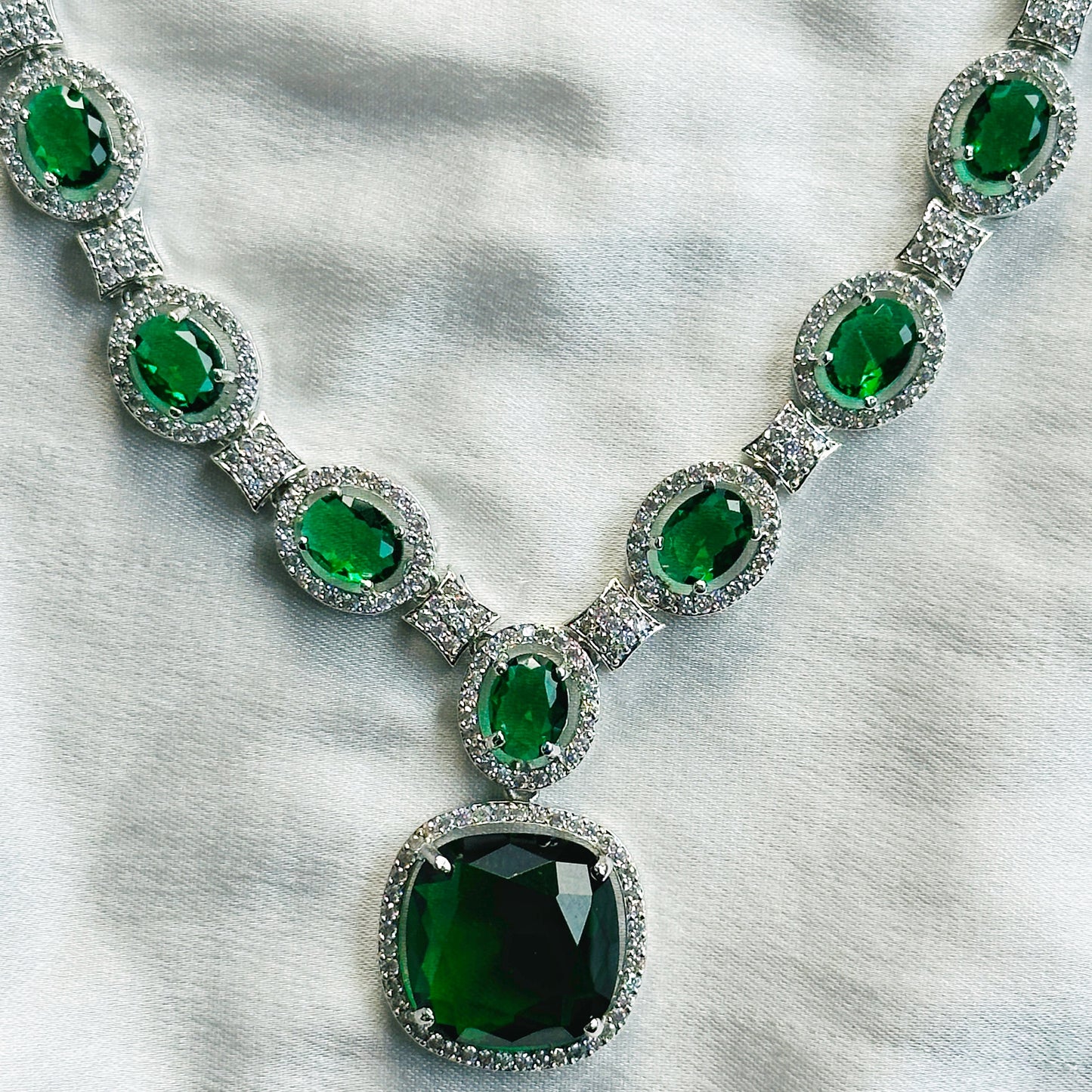 Green Emerald Cubic Zircon Stone American Diamond Silver Plated Necklace Set