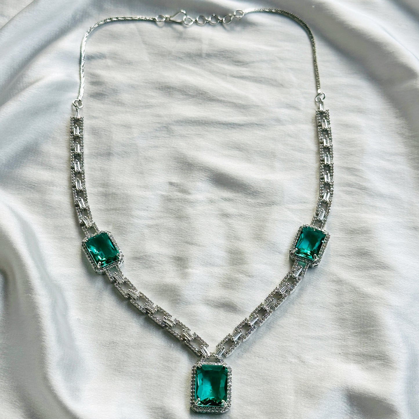 Sea Green Topaz Cubic Zircon American Diamond Silver Plated Necklace Set