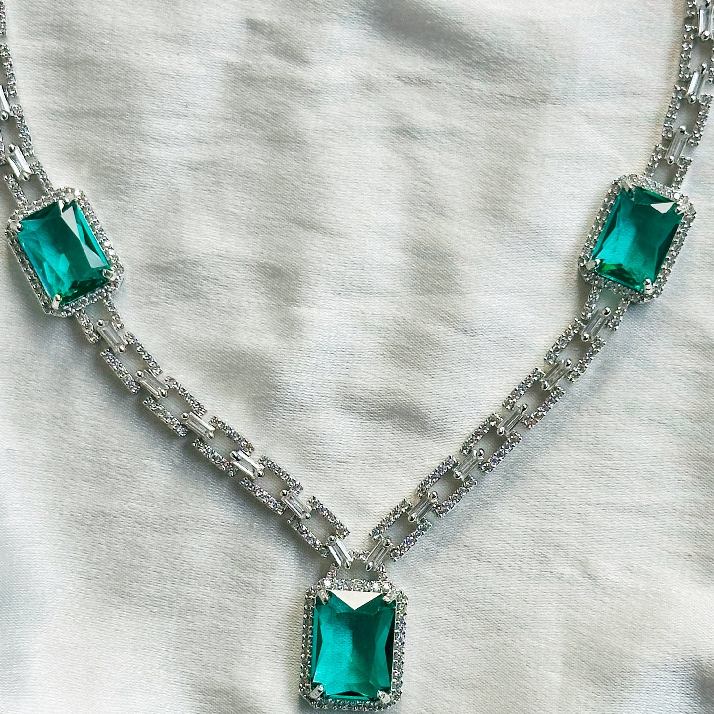 Sea Green Topaz Cubic Zircon American Diamond Silver Plated Necklace Set