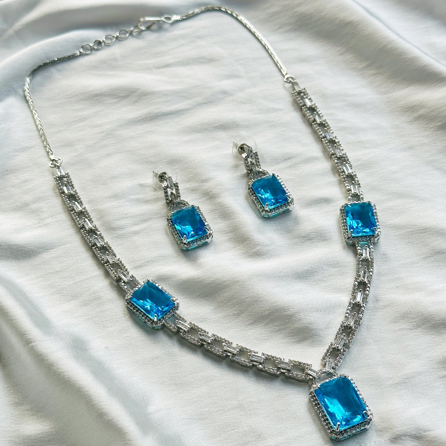 Aqua Blue Sapphire Cubic Zircon American Diamond Silver Plated Necklace Set