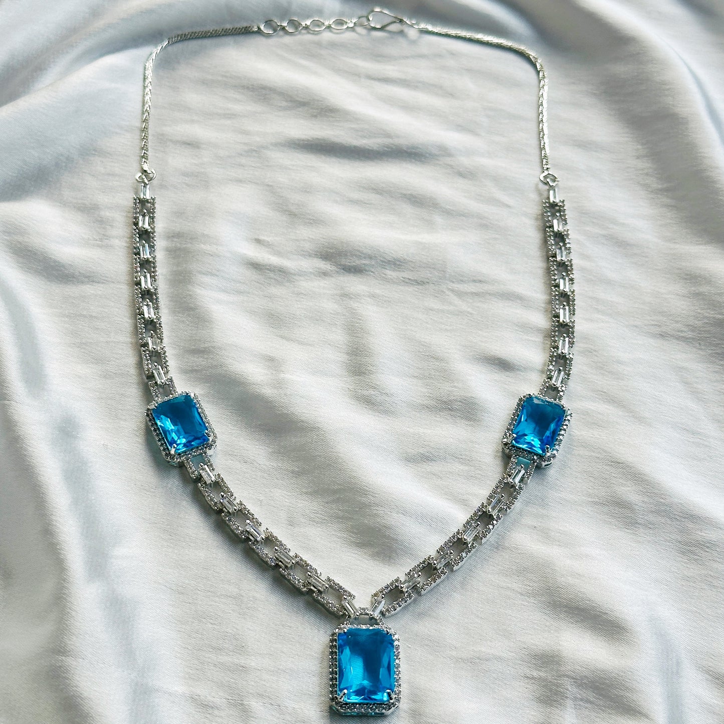 Aqua Blue Sapphire Cubic Zircon American Diamond Silver Plated Necklace Set