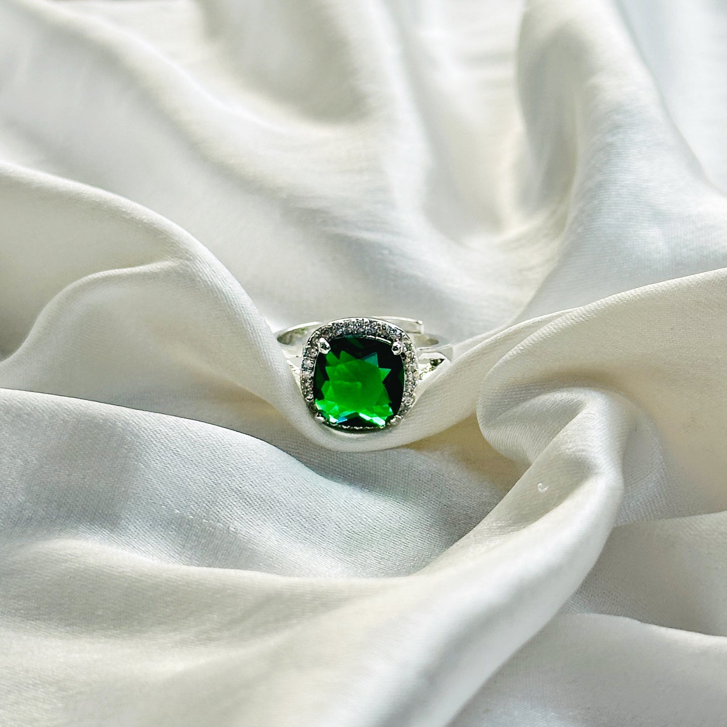 Green Emerald Cubic Zircon American Diamond Silver Plated Adjustable Ring