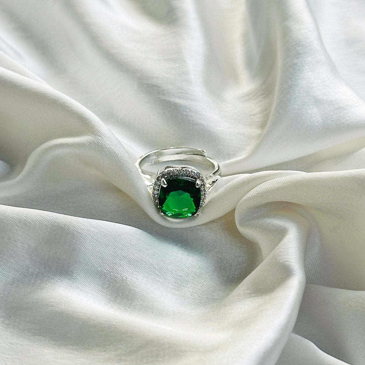 Green Emerald Cubic Zircon American Diamond Silver Plated Adjustable Ring