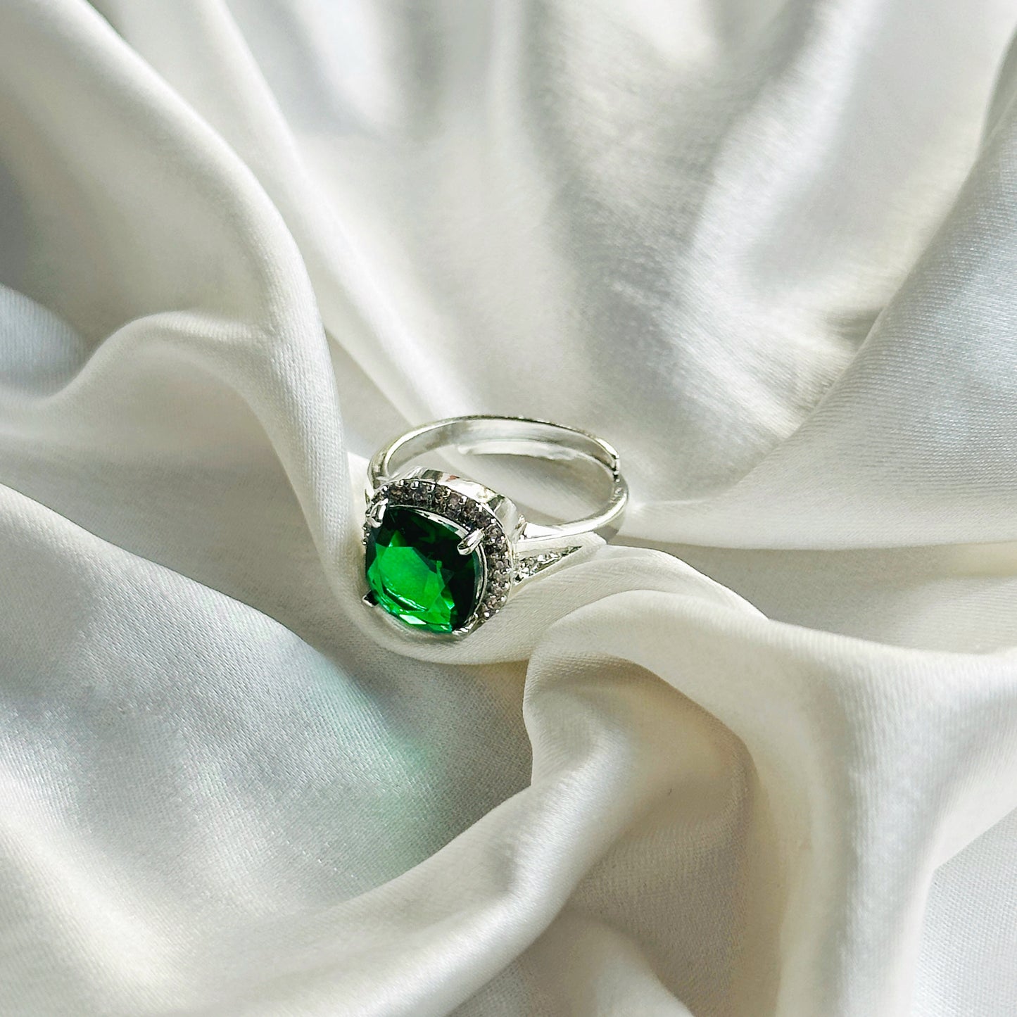 Green Emerald Cubic Zircon American Diamond Silver Plated Adjustable Ring