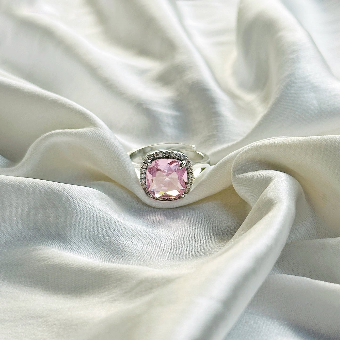 Pink Topaz Cubic Zircon American Diamond Silver Plated Adjustable Ring