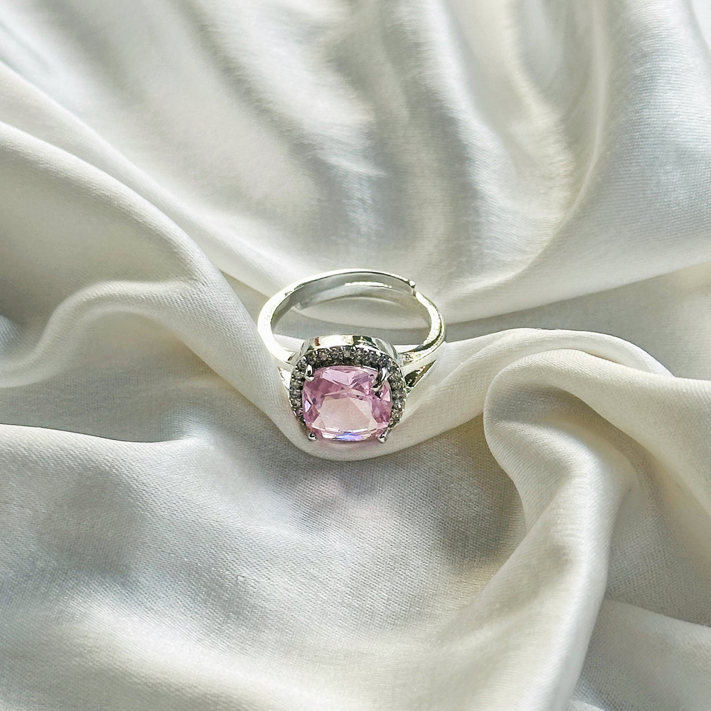 Pink Topaz Cubic Zircon American Diamond Silver Plated Adjustable Ring