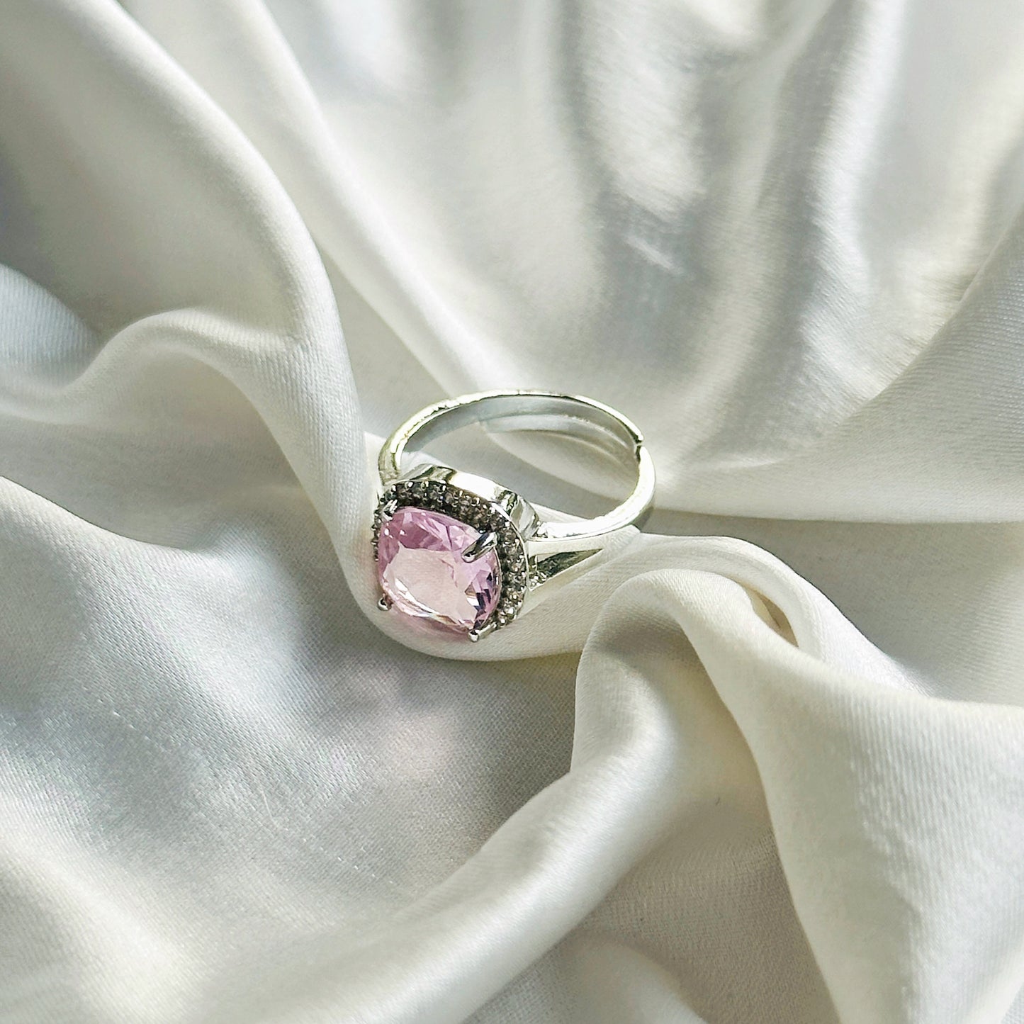 Pink Topaz Cubic Zircon American Diamond Silver Plated Adjustable Ring