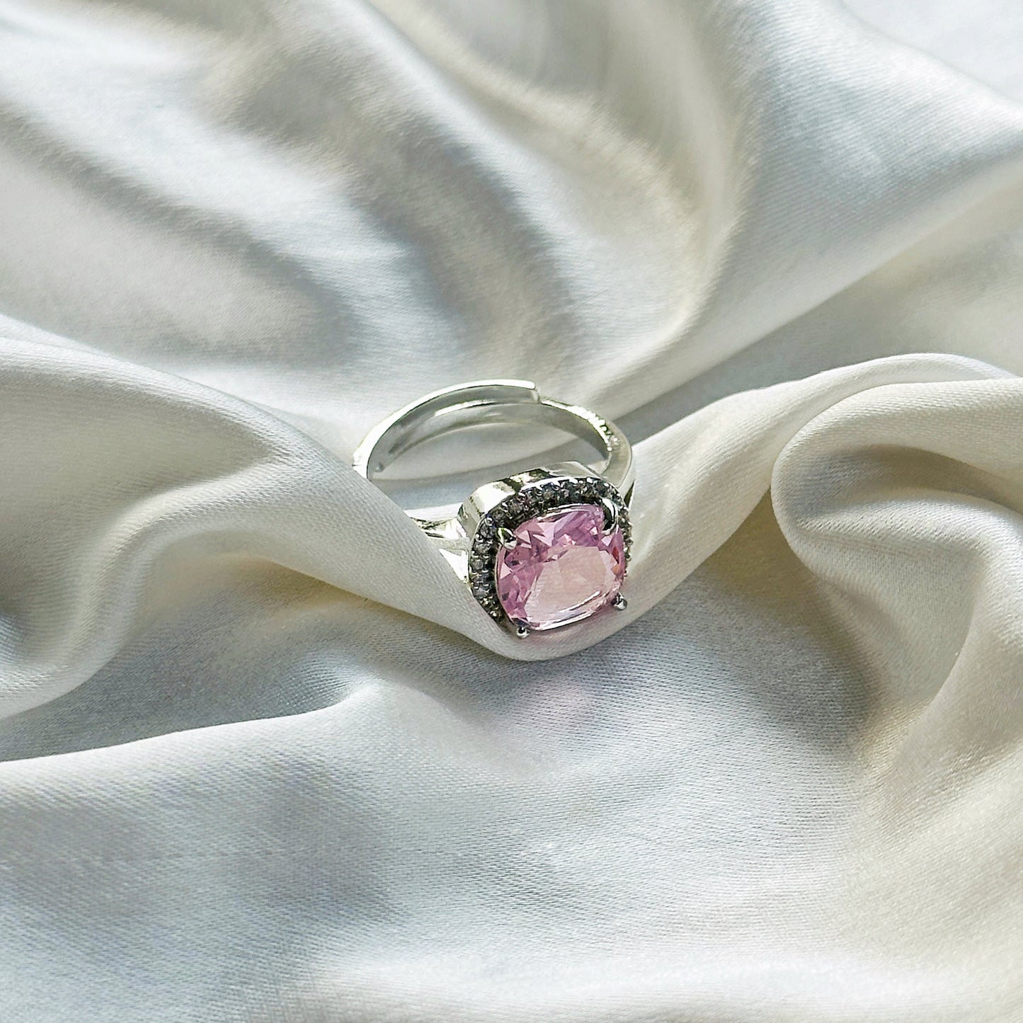 Pink Topaz Cubic Zirconia American Diamond Silver Plated Adjustable Ring