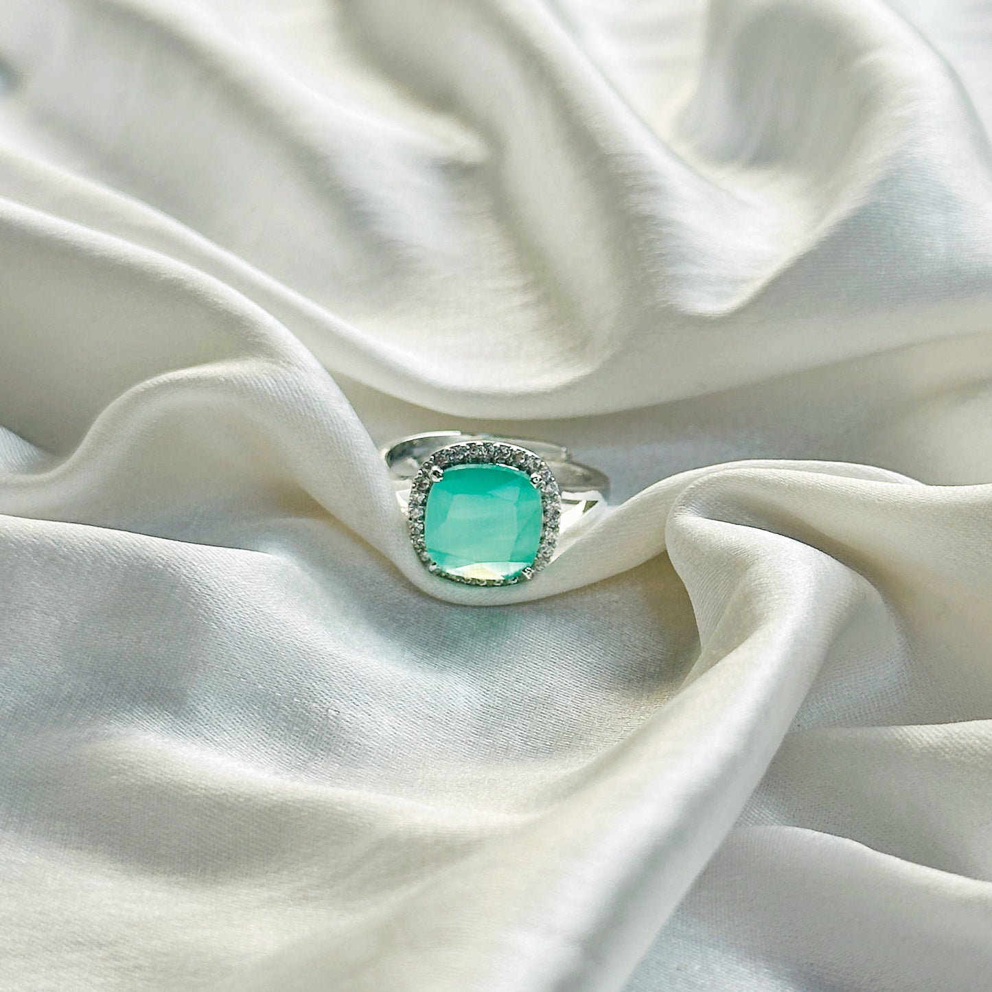 Mint Green Topaz Zircon American Diamond Silver Plated Adjustable Ring