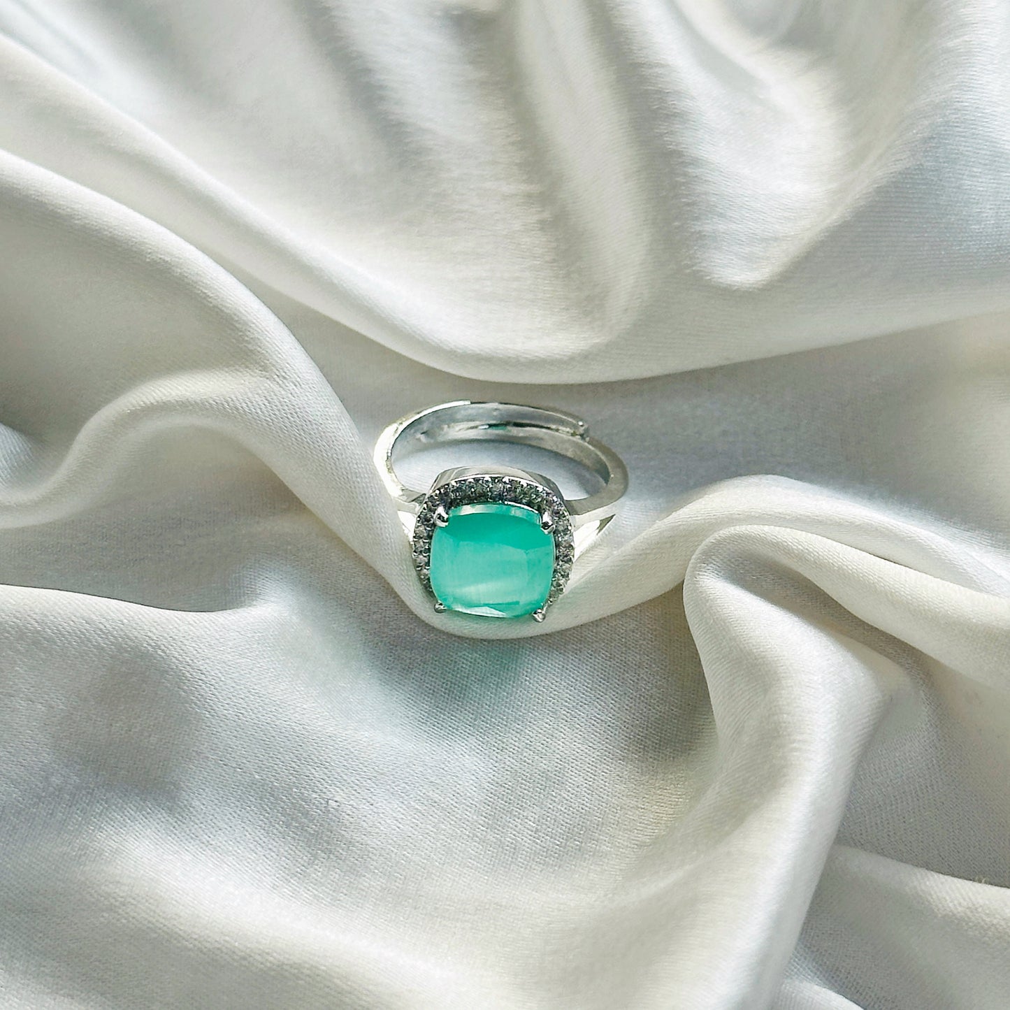 Mint Green Topaz Zircon American Diamond Silver Plated Adjustable Ring