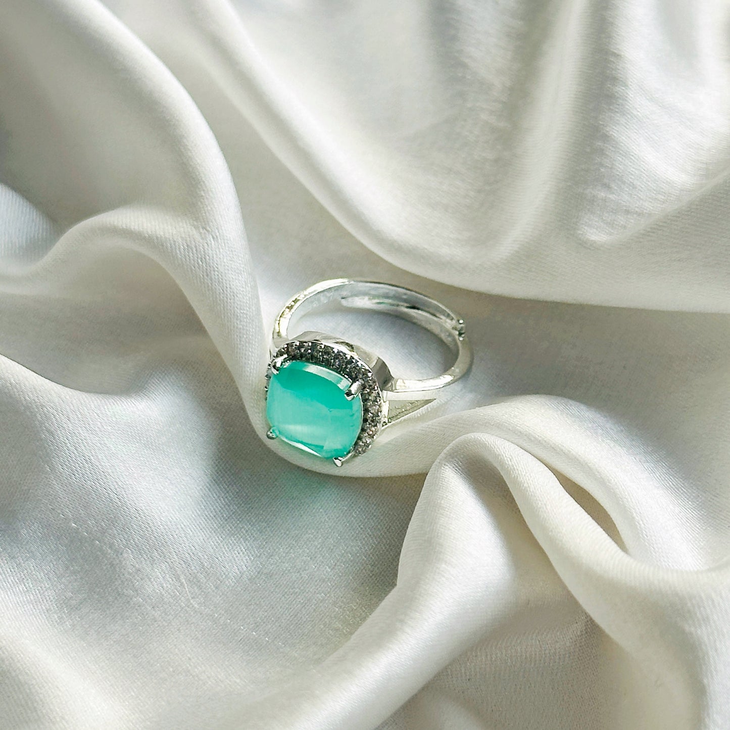 Mint Green Topaz Zircon American Diamond Silver Plated Adjustable Ring
