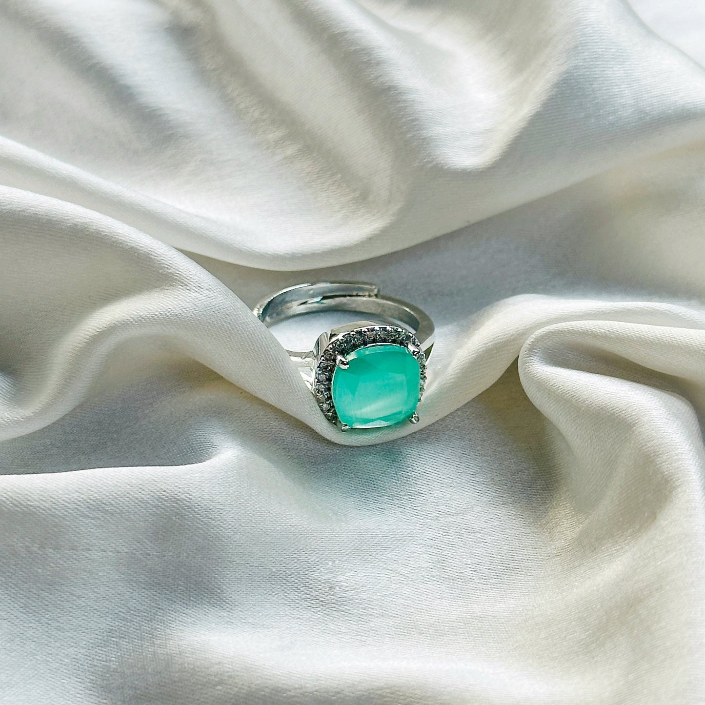 Mint Green Topaz Cubic Zirconia American Diamond Silver Plated Adjustable Ring