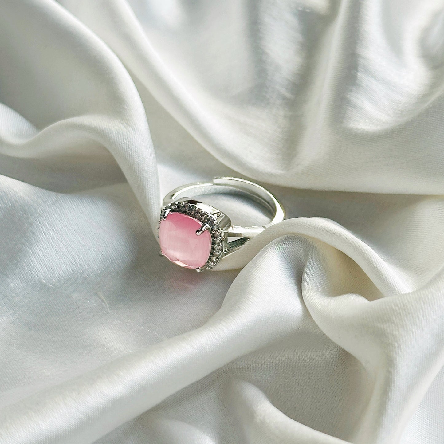 Pink Topaz Zircon American Diamond Silver Plated Adjustable Ring