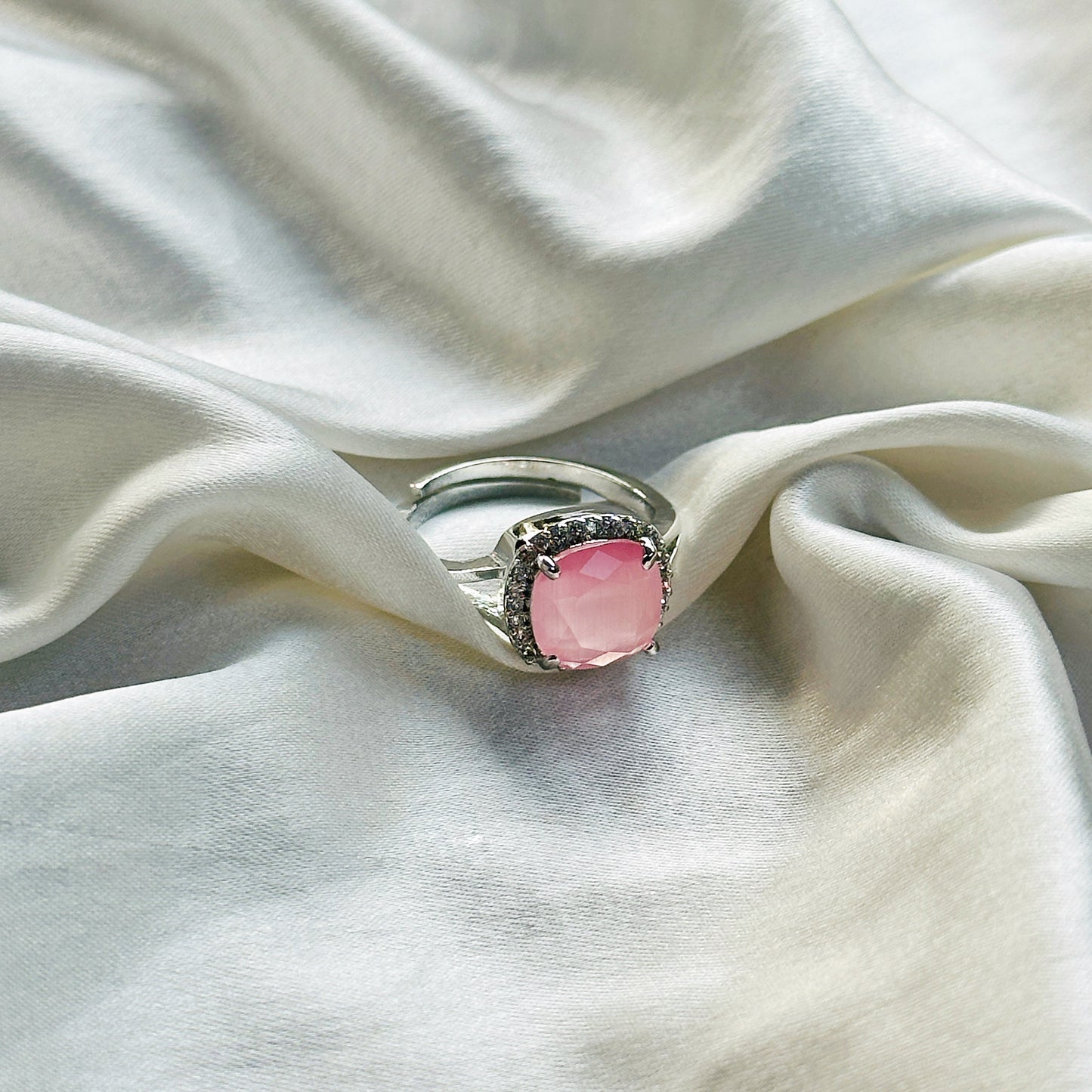 Pink Topaz Cubic Zirconia American Diamond Silver Plated Adjustable Ring
