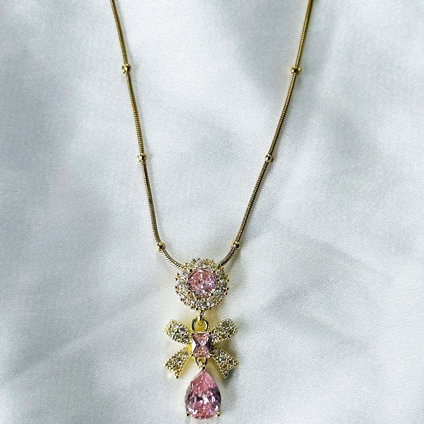 Pink Topaz Cubic Zirconia Tulip Design American Diamond Gold Plated Stainless Steel Necklace