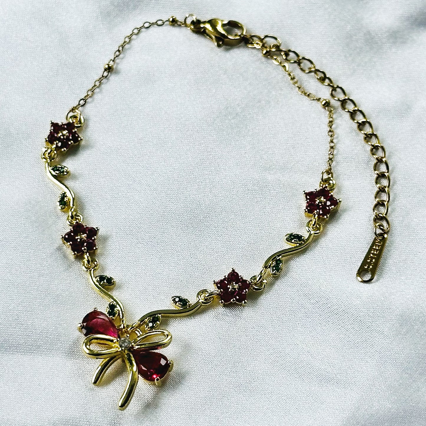 Green Emerald & Red Ruby Cubic Zirconia Tulip Design American Diamond Gold Plated Stainless Steel Bracelet