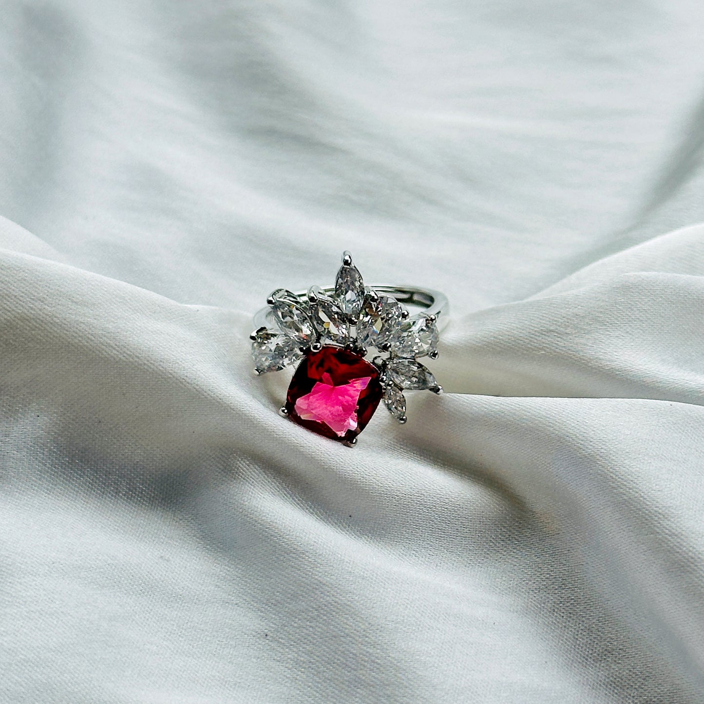 Red Ruby Cubic Zircon Ice Cut American Diamond Silver Plated Adjustable Ring