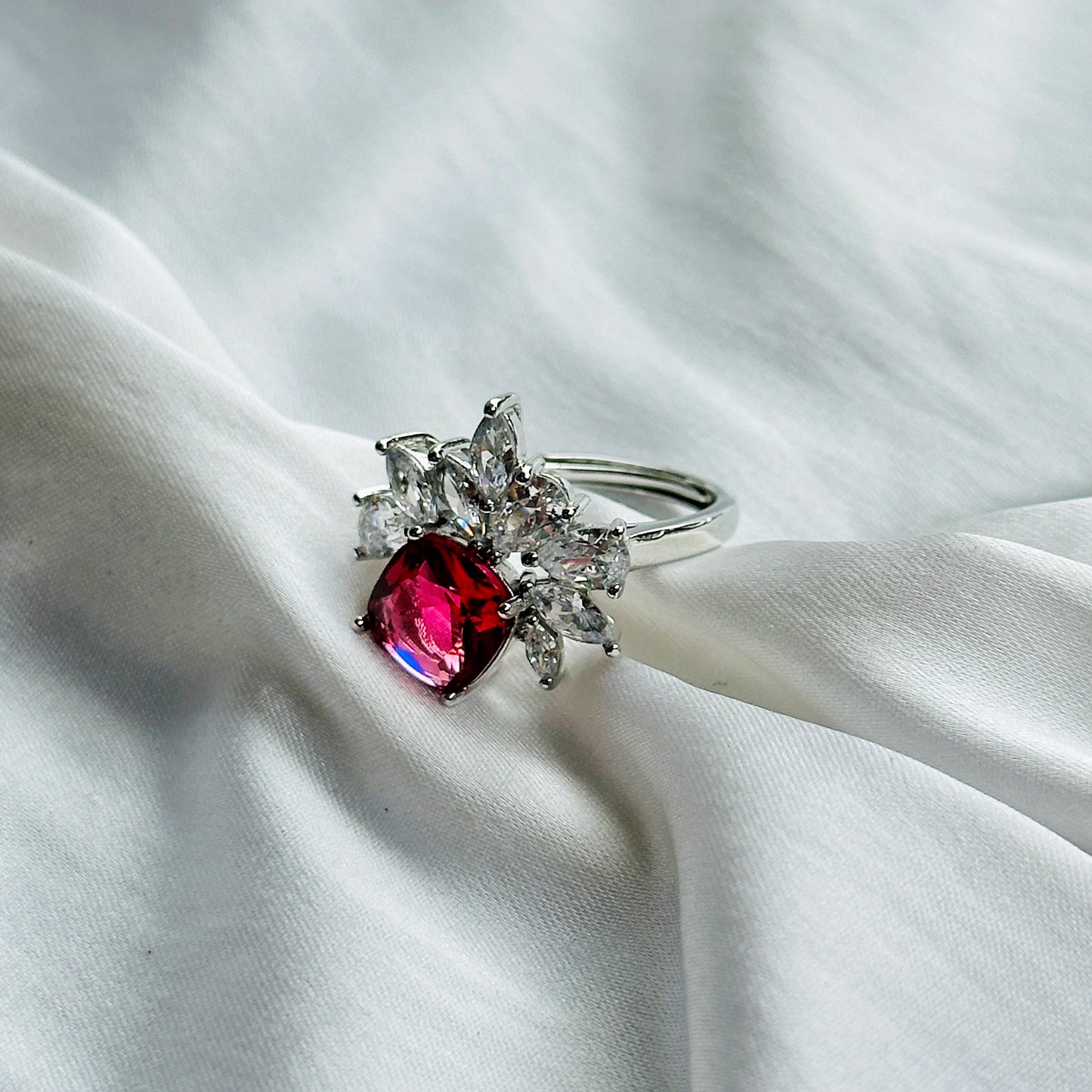 Red Ruby Cubic Zircon Ice Cut American Diamond Silver Plated Adjustable Ring