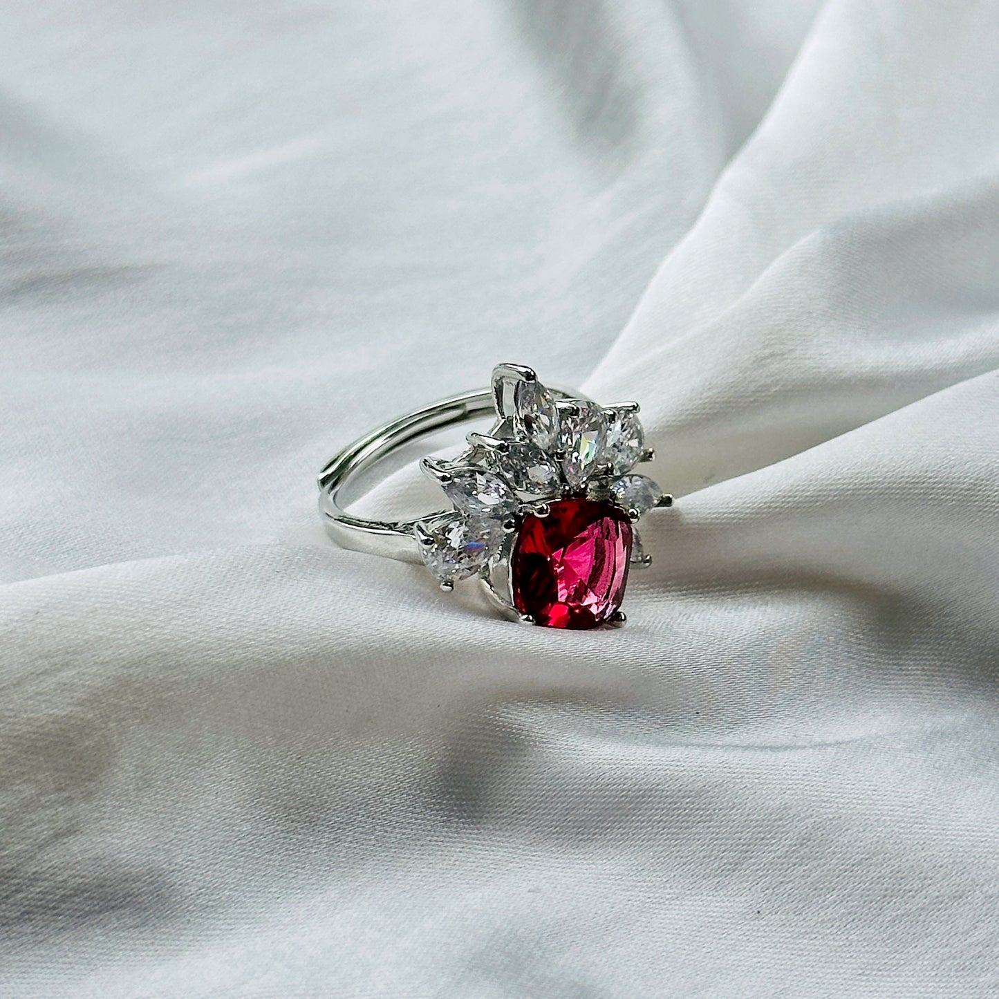 Red Ruby Cubic Zirconia American Diamond Silver Plated Adjustable Ring
